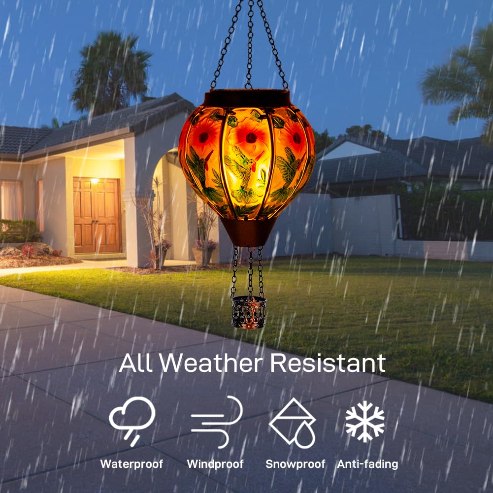 DREAMSOUL Hummingbird Hot Air Balloon Solar Lantern, Hanging Solar Hot Air Balloon Lantern with Flame for Patio Yard Gift Decor