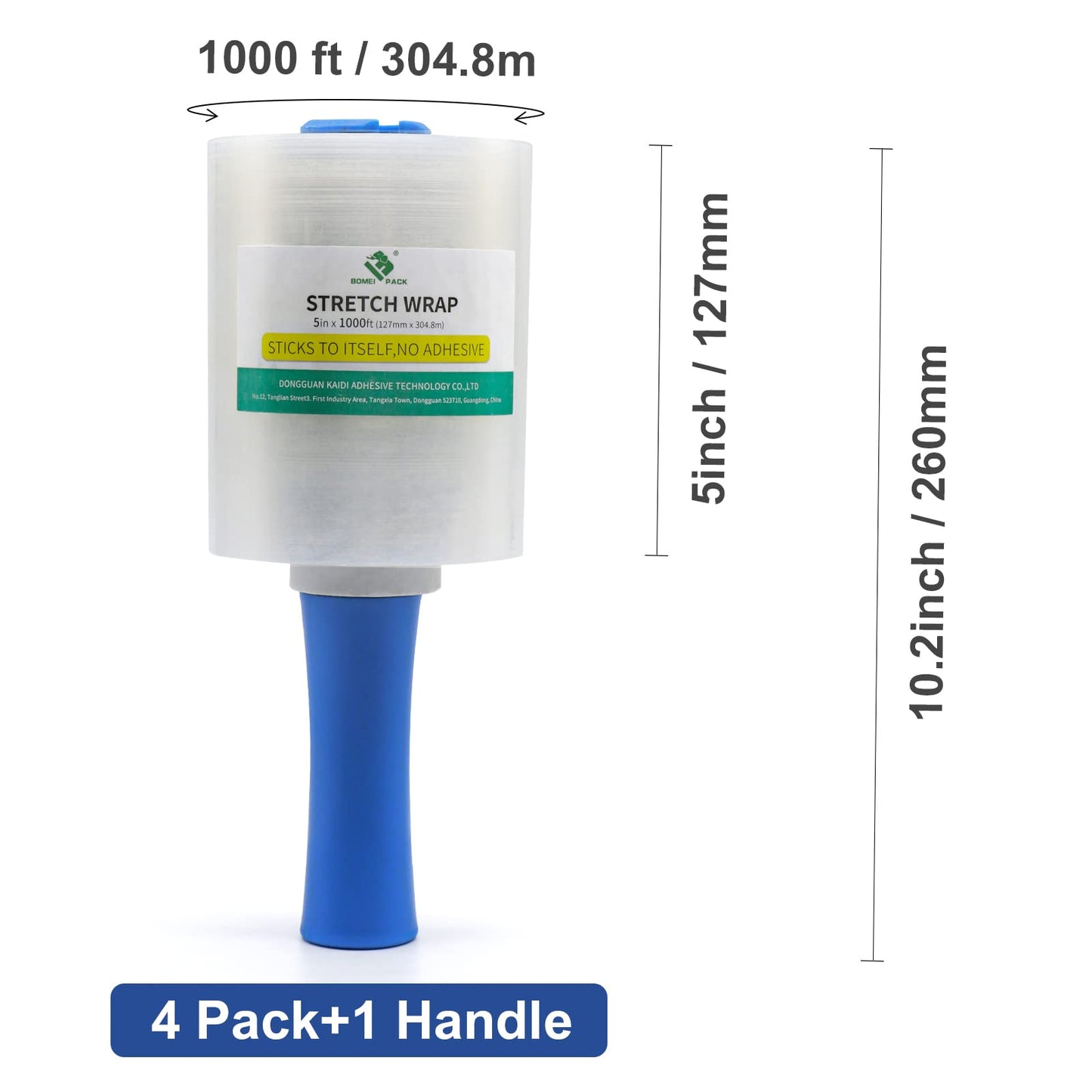 BOMEI PACK Stretch Wrap Film Roll, Plastic Shrink Wrap 5 inch x 1000 ft, 4 Packs with 1 Plastic Handle