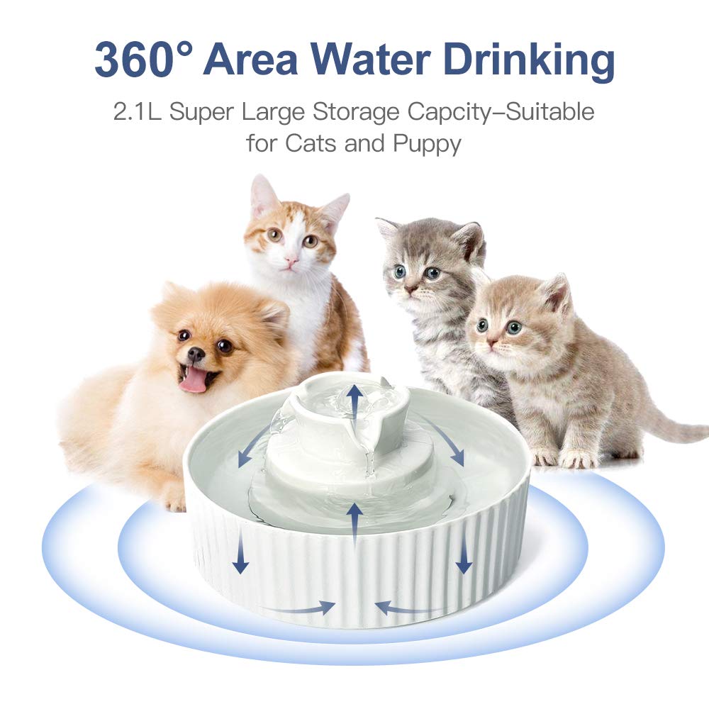 Ceramic Pet Drinking Fountain-2.1L/71oz Ceramic Cat Water Fountain-Automatic Ceramic Water Fountain for Cats and Dogs with with Ultra-Quiet Pump(White) (White)