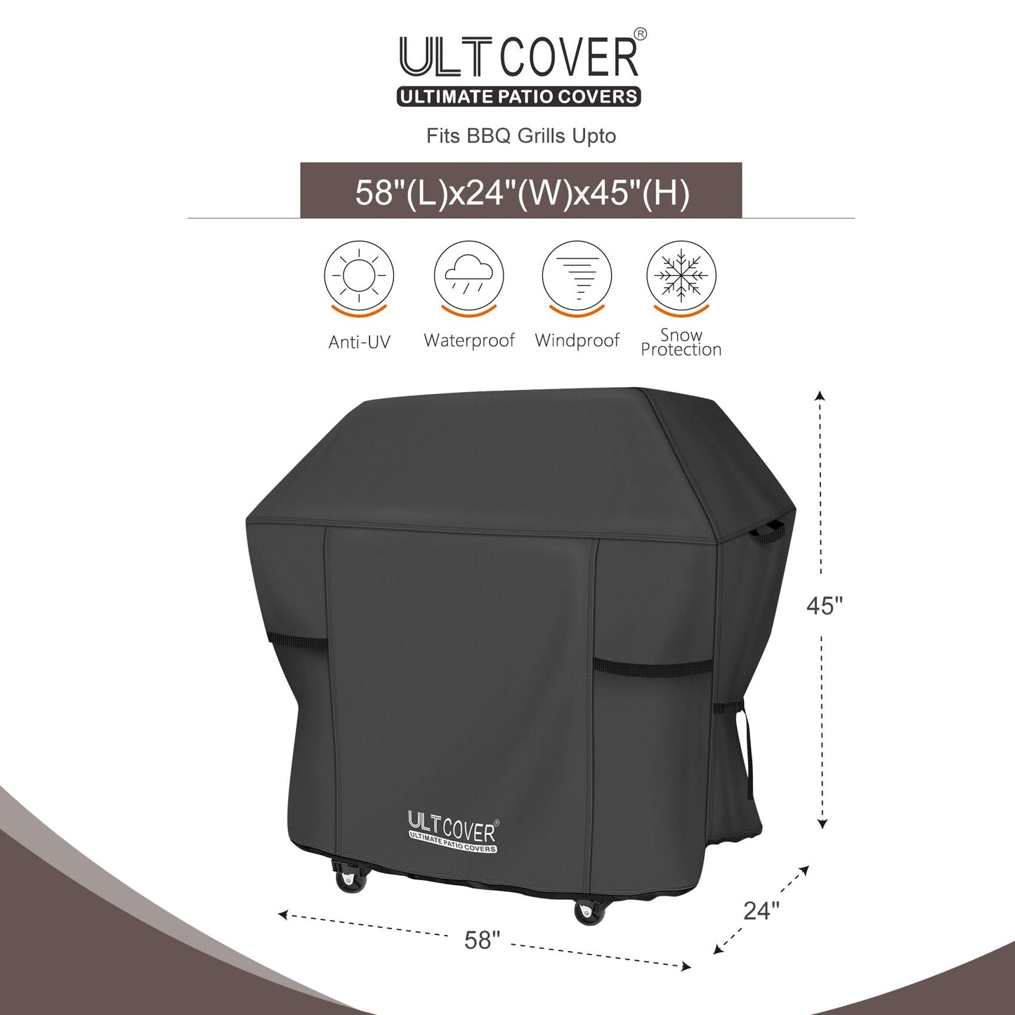 ULTCOVER Gas Grill Cover 58 inch for 3-5 Burner Propane Barbecue Grills Waterproof BBQ Cover Fits Most Grills Weber Nexgrill Char-Broil Brinkmann, Black