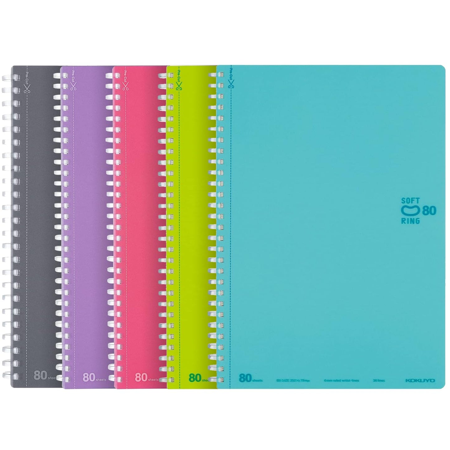 KOKUYO Spiral Lined Notebook, 5 Pack 10'' x 7'' Pastel Journal B5 Soft Ring Notebooks with Dot 6 mm Ruled, 80 Sheets, 1 Subject Notebook, Note Taking for School (SU-SV308BT)