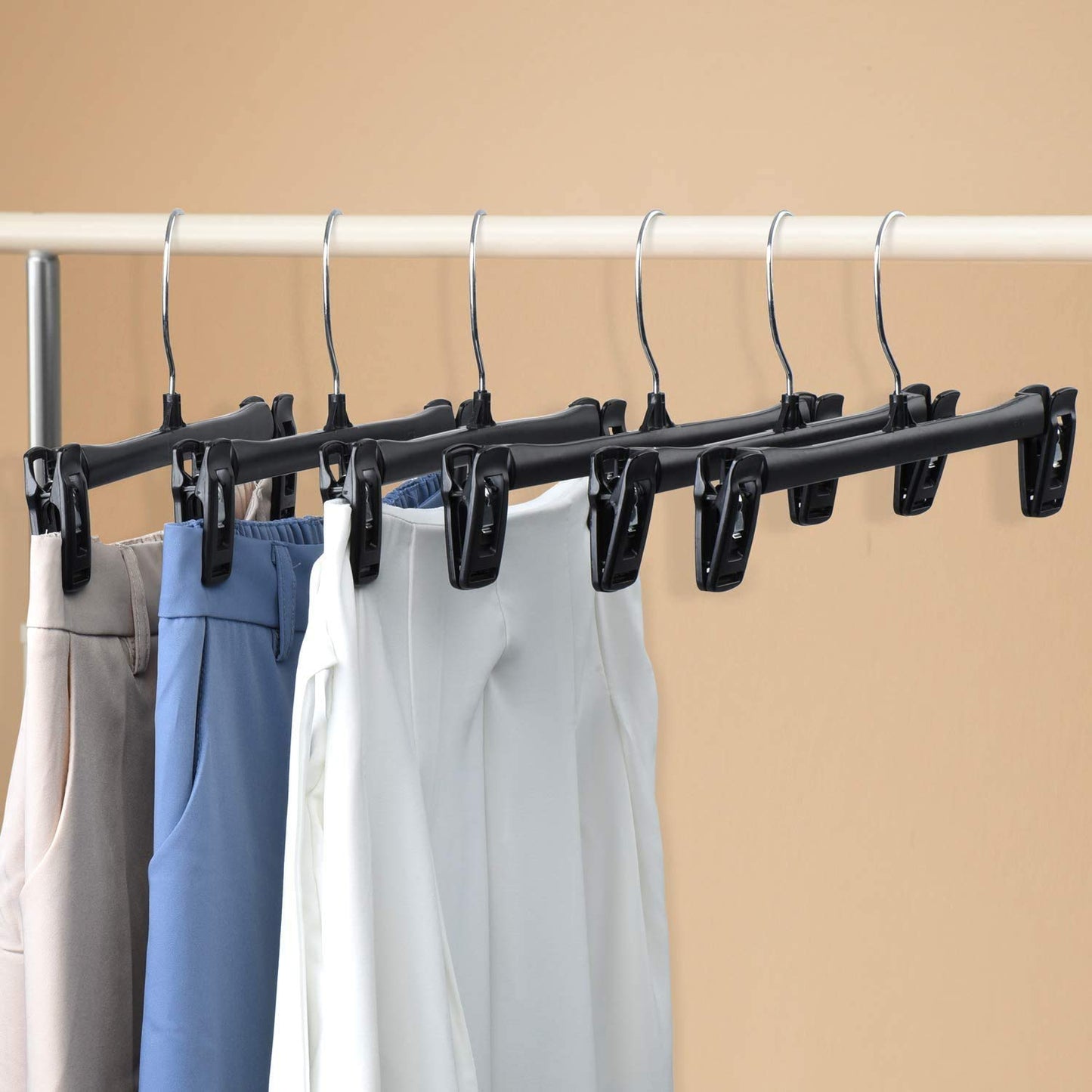 Pants Hangers, Durable and Sturdy Plastic Hanger,30 Pack 12inch Black Plastic Skirt Hanger with Non-Slip Big Clips and 360 Rotatable Hook