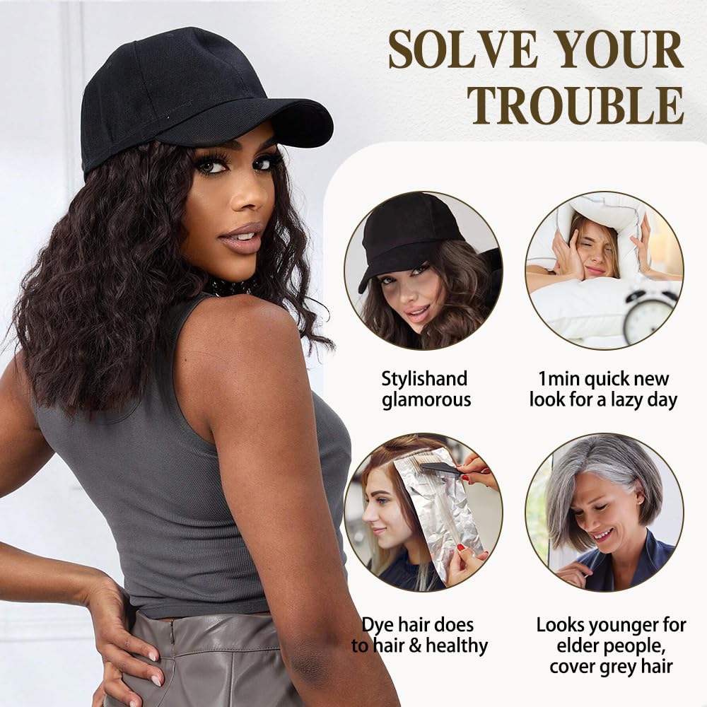 CHRSHN Hat Wig for Women, Short Wavy Baseball Cap Wig with Curly Synthetic Hair Extensions, Adjustable Black Brown Baseball Hat Wig