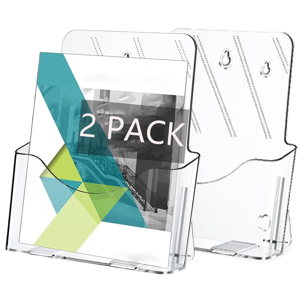 2 pack Acrylic Brochure Holder 9.25inch x 10.82inch Clear Booklet Display Stand for Desk or Wall Mount Plastic Countertop Organizer Literature Flyer Card Magazine Pamphlet Business Portable Menu