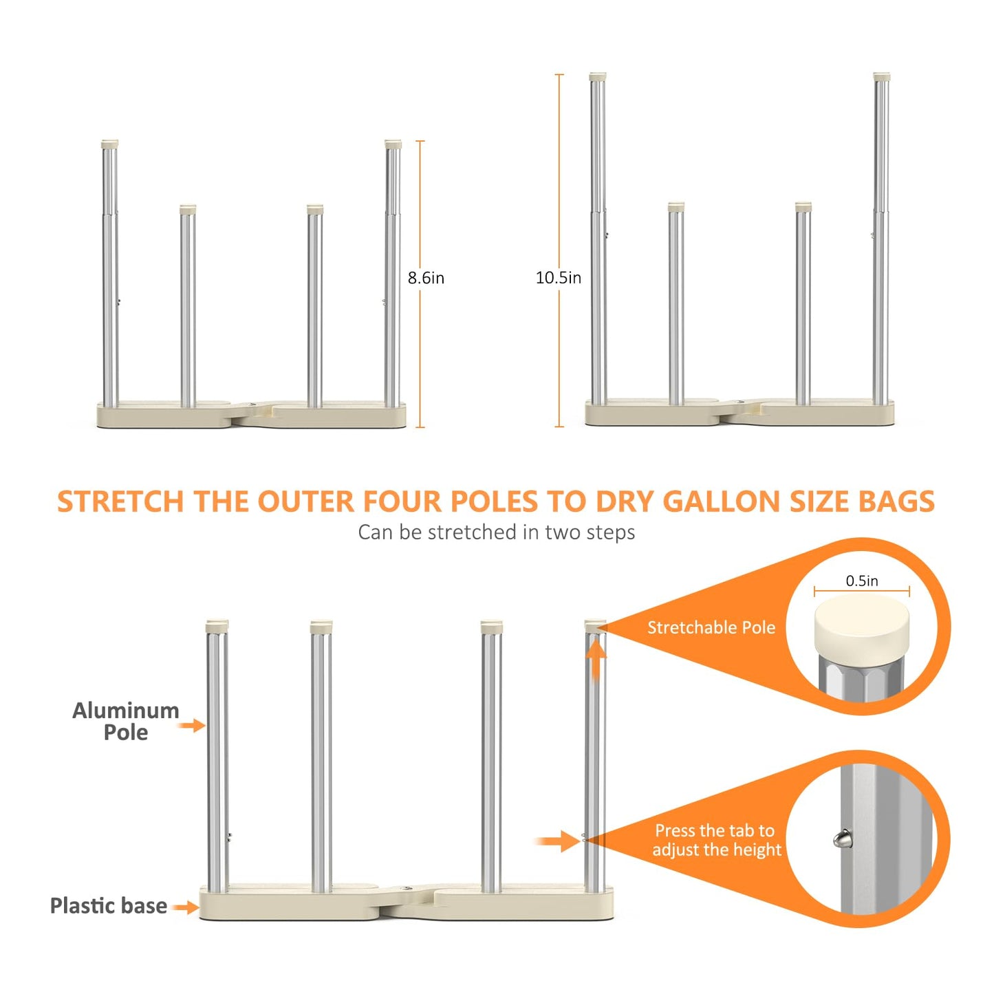 KORRTFID Reusable Storage Bag DryingRack, Retractable Metal Bottle Drying Rack,Collapsible Cup Drying Rack forWater Bottles, Mason Jars,Mugs,Glass and Sports Bottle (1 Pcs