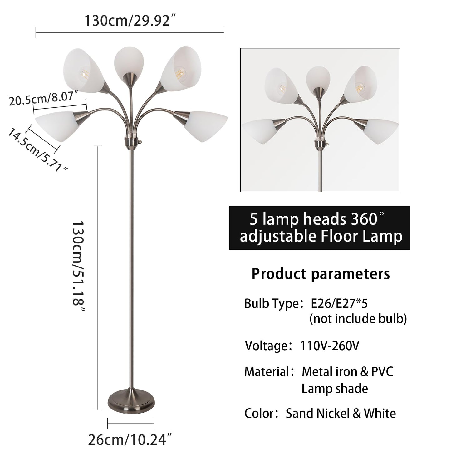 HonoDing Medusa Floor Lamps Standing Lamps 5 Heads Adjustable Reading Light Large Shade Use E26 A19 Bulb Floor Lamps for Living Room Bedroom (Satin Nickel)