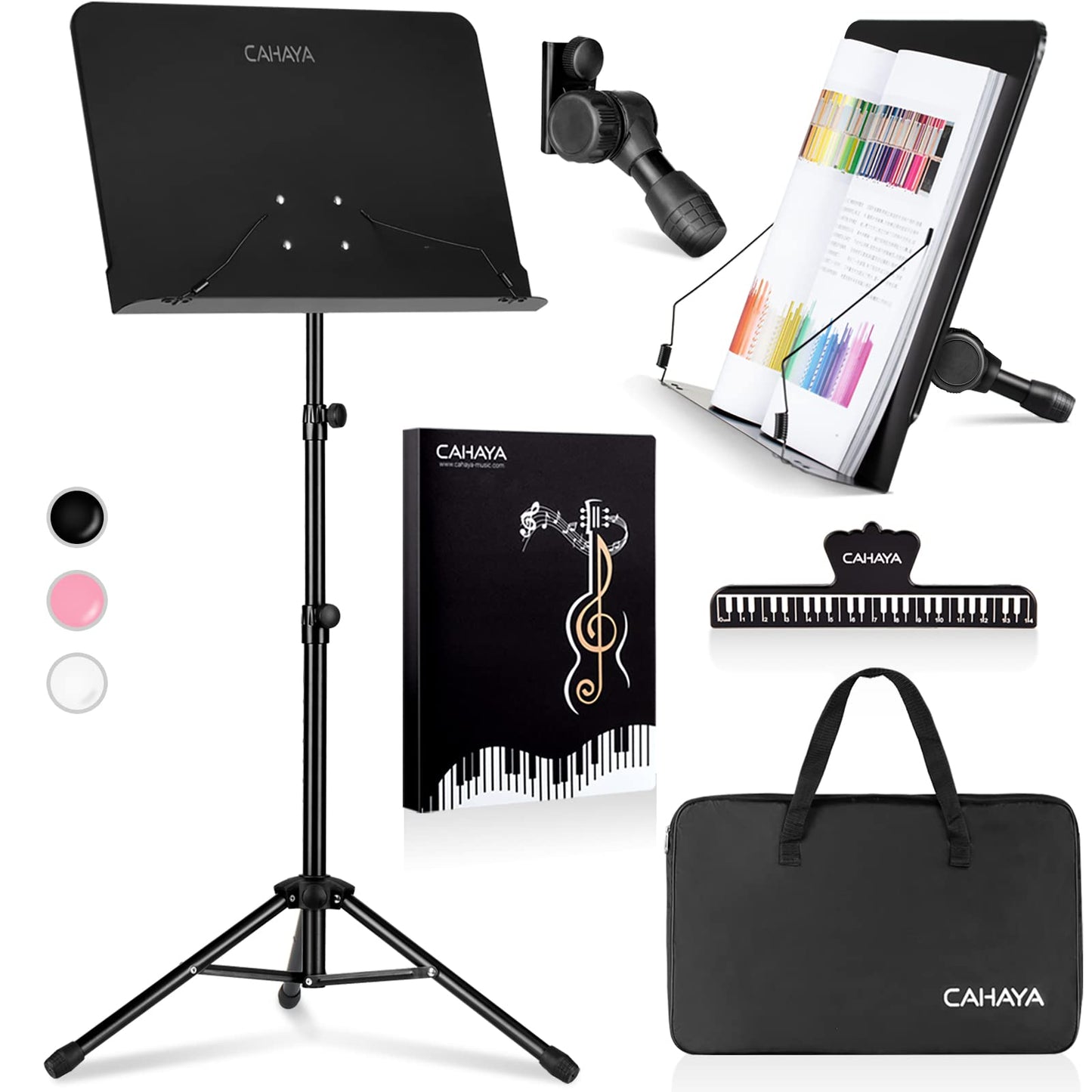 CAHAYA 5 in 1 Dual-use Sheet Music Stand & Desktop Book Stand Metal Portable Solid Back with Book Stand Support, Carrying Bag, Sheet Music Folder & Clip, Laptop Bible Book Tablet Stand CY0194