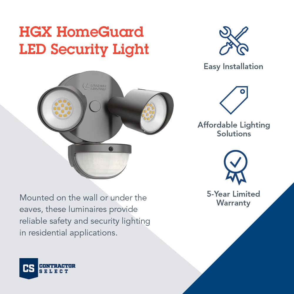 Lithonia Lighting HomeGuard 2-Light LED Outdoor Flood Lights, Motion Sensor Outdoor Lights with Dusk to Dawn, 4000K Cool White, Round Heads, Dark Bronze (HGX LED 2RH 40K 120 MO DDB M2)