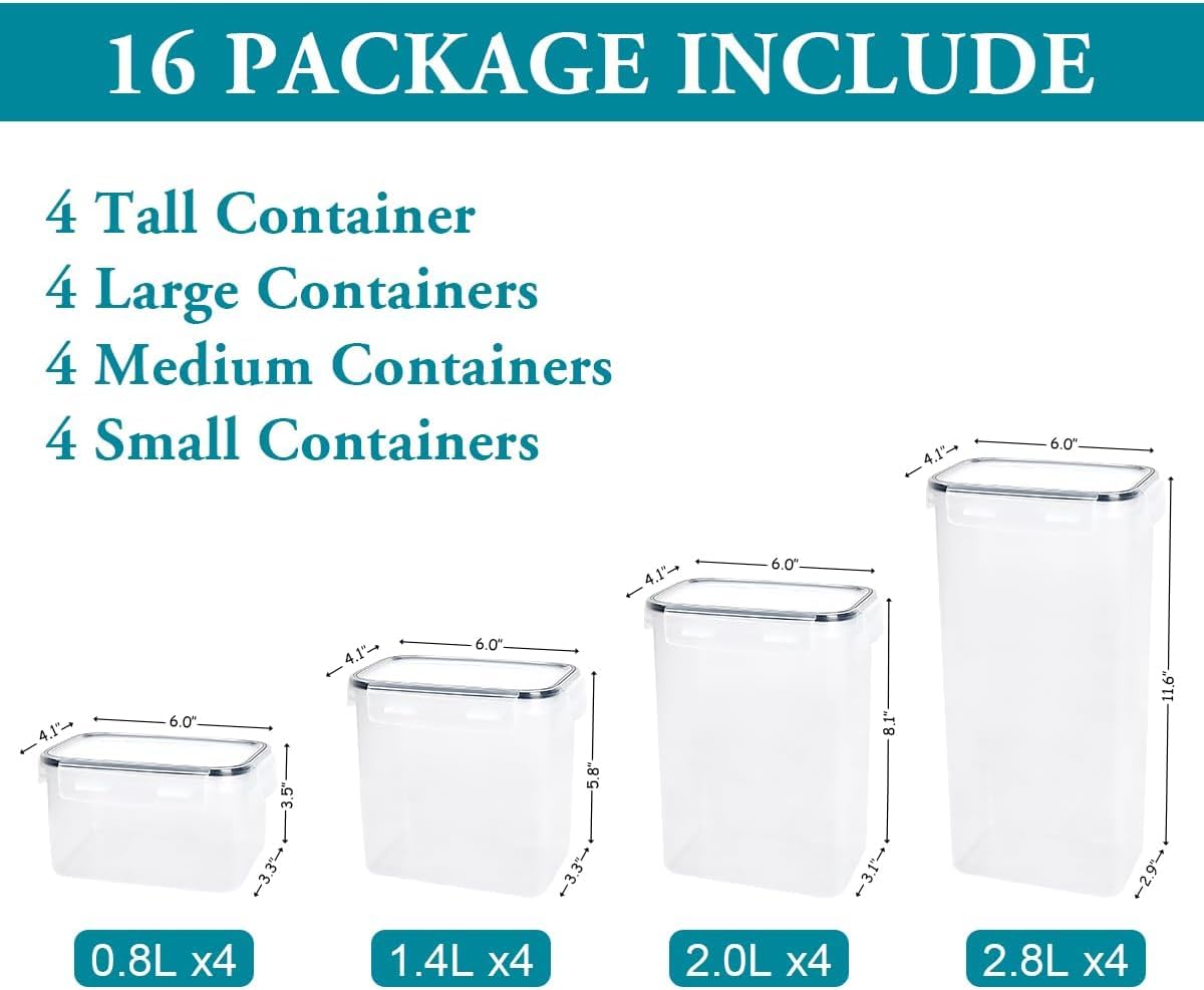16Pcs Airtight Food Storage Container Set with Lids - Pantry Organization and Storage with Labels & Marker, BPA-Free Plastic Leak-proof Canisters for Kitchen Flour & Sugar Organizer