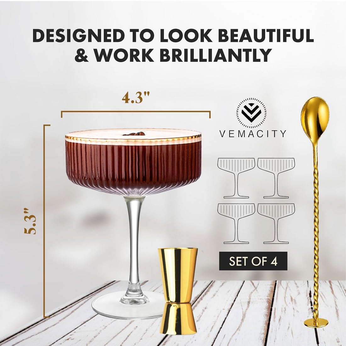 Vemacity Ribbed Espresso Martini Glasses Set of 4 with Gold Rims, Bar Spoon & Jigger | Coupe Cocktail Glass | Champagne Saucers | Ribbed Glassware | Coupe Glasses | Ideal for Martinis and Cocktails