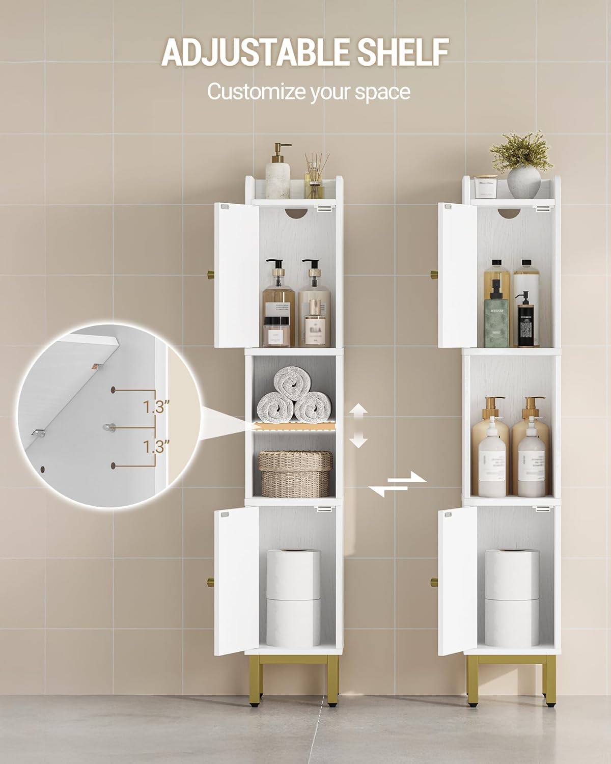 Hzuaneri Slim Bathroom Storage Cabinet, Narrow Bathroom Organizers and Storage with 4 Adjustable Feet, Laundry Room Organization for Small Space, Kitchen, Living Room, 2 Doors White BC22413G
