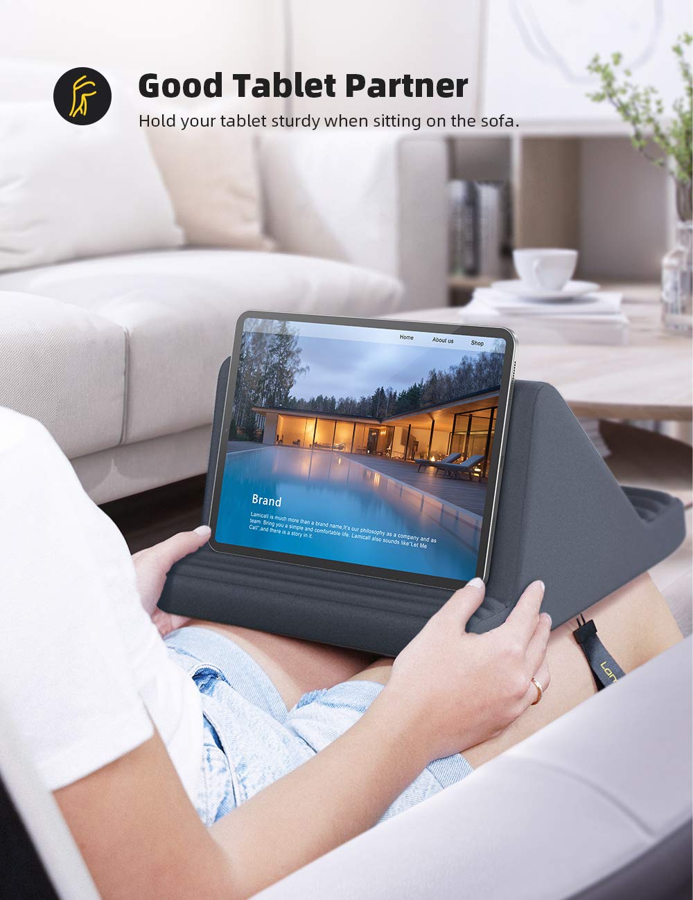 Lamicall Pillow Pad, Tablet Pillow Stand Holder : Multi-Angle Tablet Stand for Bed Sofa, Compatible with iPad Pro 9.7, 10.5, 12.9 Air Mini 6 5 4 3 2, Kindle, Nexus, Samsung Tabs, E-Reader - Dark Gray