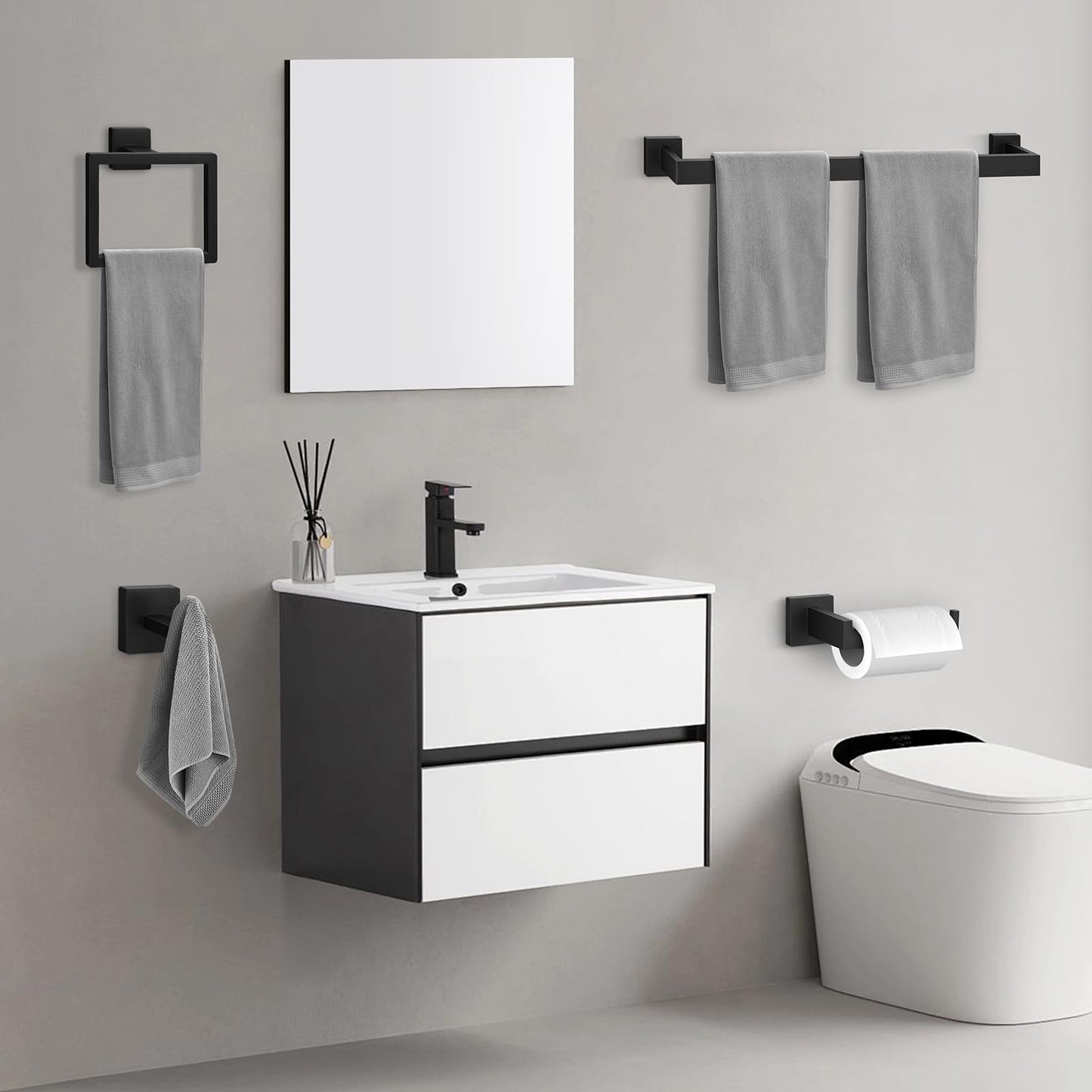 BlumWay 5-Pieces Matte Black Bathroom Accessories Set, 16 Inch Bathroom Hardware Set, SUS304 Stainless Steel Bath Towel Bar, Toilet Paper Holder,Towel Racks for Bathroom Wall Mounted