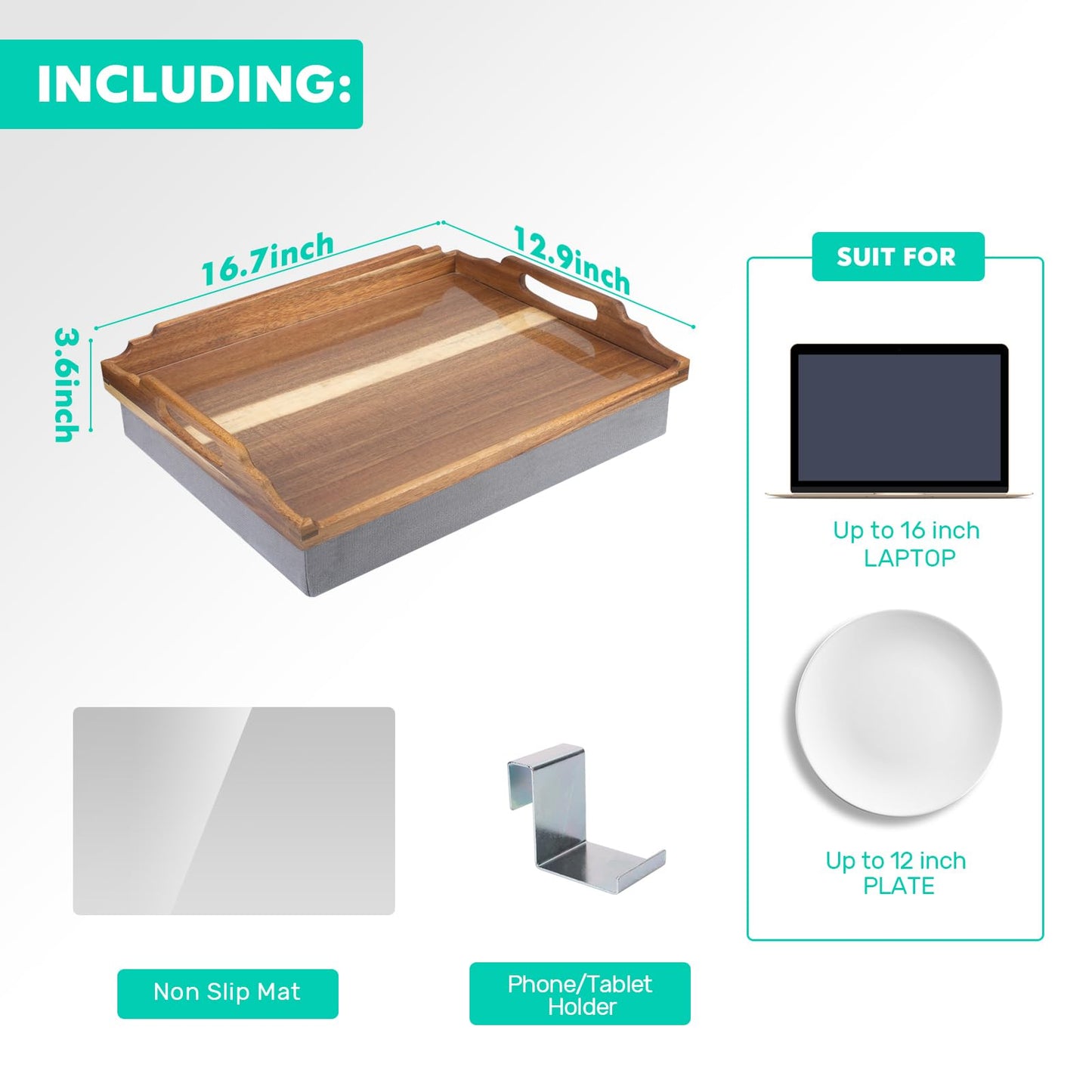 DRELIFAM Lap Desk with Cushion,Wooden Bed Tray Table for Eating,Lap Tray in Recliner,Breakfast Tray,TV Dinner Bed Food Trays (Acacia Wood A)