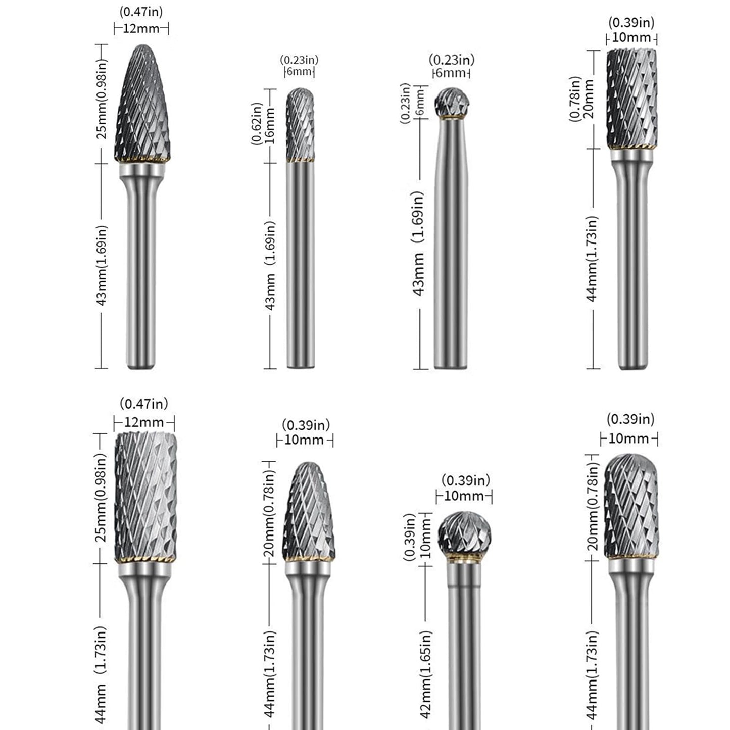 Die Grinder Bits, Carbide Rotary Burr Set 1/4 Shank, 8PCS Double Cut Deburr Bits Grinding Tool for Metal Wood Jade Carving Engraving Polishing Drilling Milling Cutting