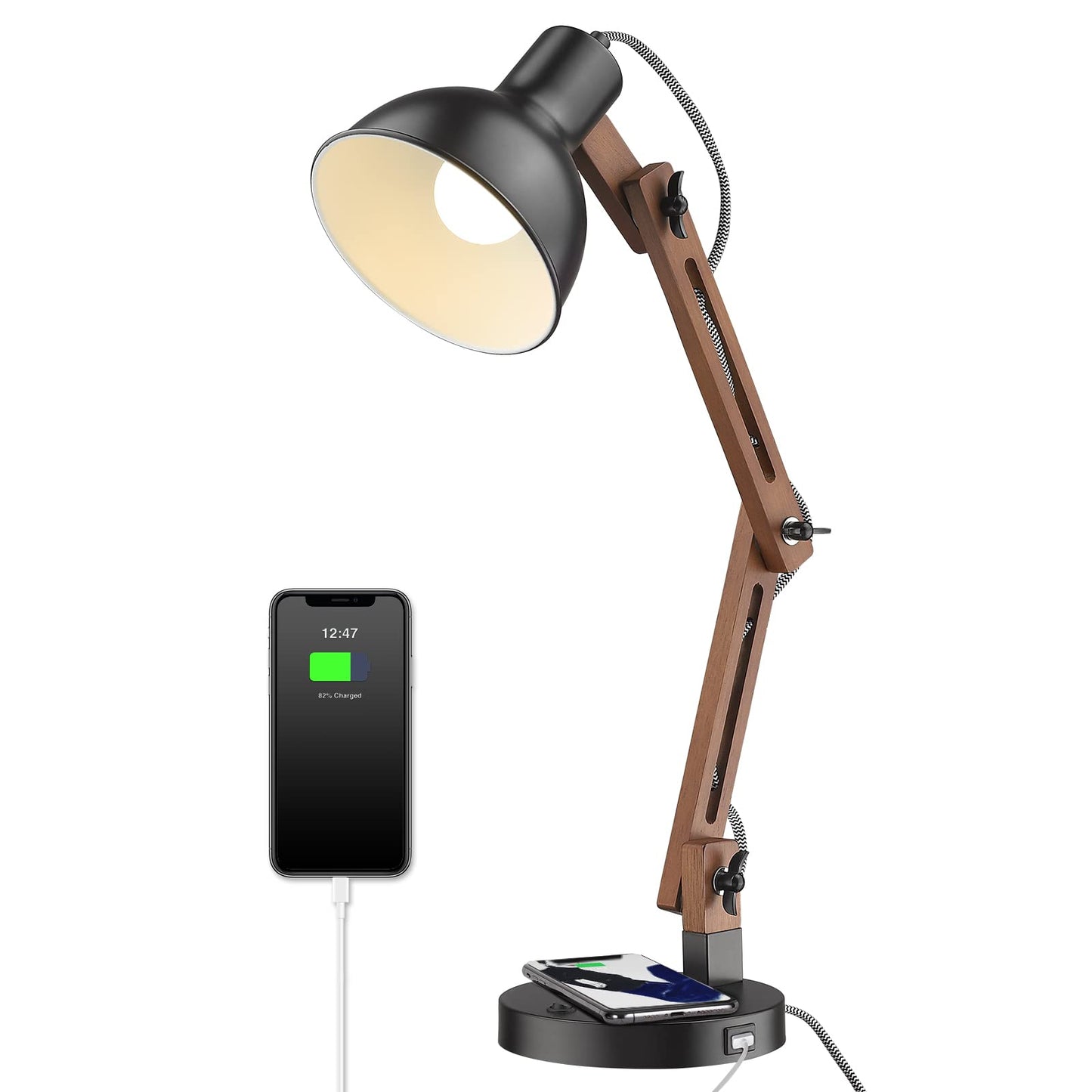 ELYONA Modern LED Desk Lamp with Upgraded Wireless Charger & USB C Charging Port Sapele Wood Table Lamp Swing Arm Bedside Reading Task Light for Dorm Office Bedroom Living Room Bulb Included Black