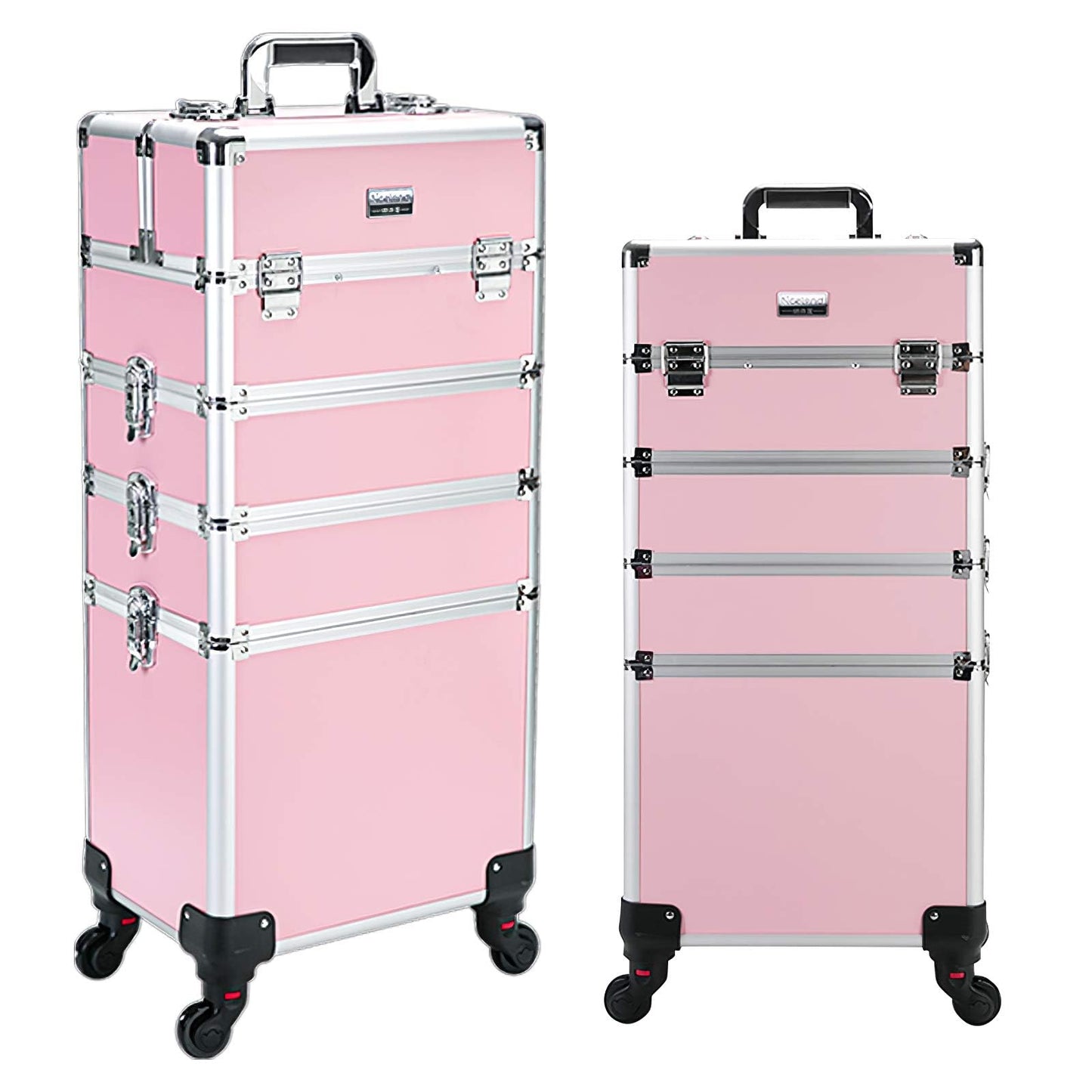 4 in 1 Rolling Makeup Case Professional Cosmetic Trolley, Aluminum Makeup Train Case with 360° Swivel Wheels, Lockable Storage Organizer for Beauty, Salon, Travel, Jewelry, Pink