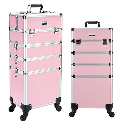4 in 1 Rolling Makeup Case Professional Cosmetic Trolley, Aluminum Makeup Train Case with 360° Swivel Wheels, Lockable Storage Organizer for Beauty, Salon, Travel, Jewelry, Pink