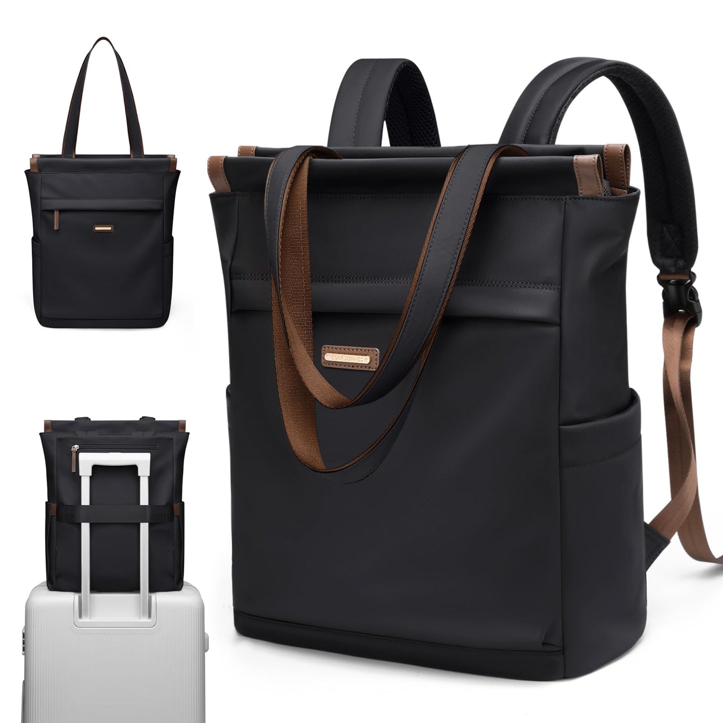 Convertible Laptop Backpack for Women Casual Daypack Notebook Tote Bag for Work College Travel Leisure (Black & Brown, 15.6-Inch)