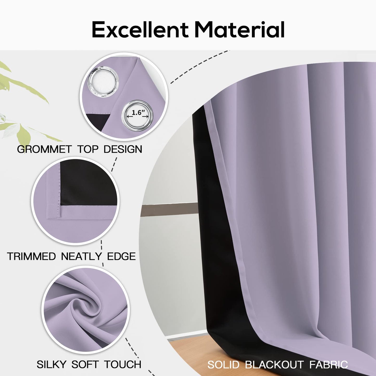 100% Blackout Window Curtain Panels for Bedroom, Heat and Full Light Blocking Drapes with Black Liner for Nursery, Thermal Insulated Solid Grommet Panels for Living Room, 52Wx84L, Lilac, 2 Panels