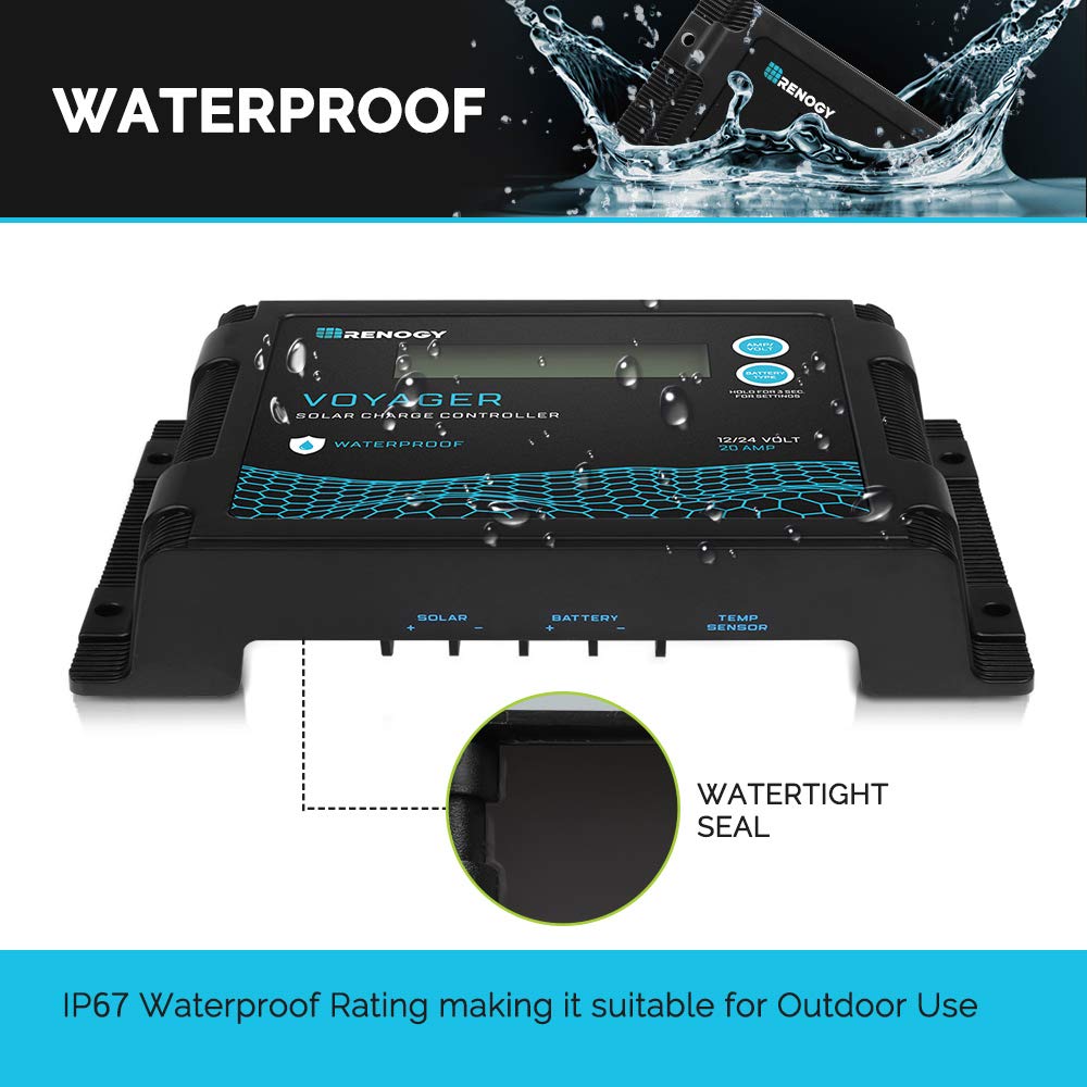 Renogy Voyager 20A 12V/24V PWM Waterproof Solar Charge Controller w/LCD Display for AGM, Gel, Flooded and Lithium Battery, Used in RVs, Trailers, Boats, Yachts, Voyager 20A