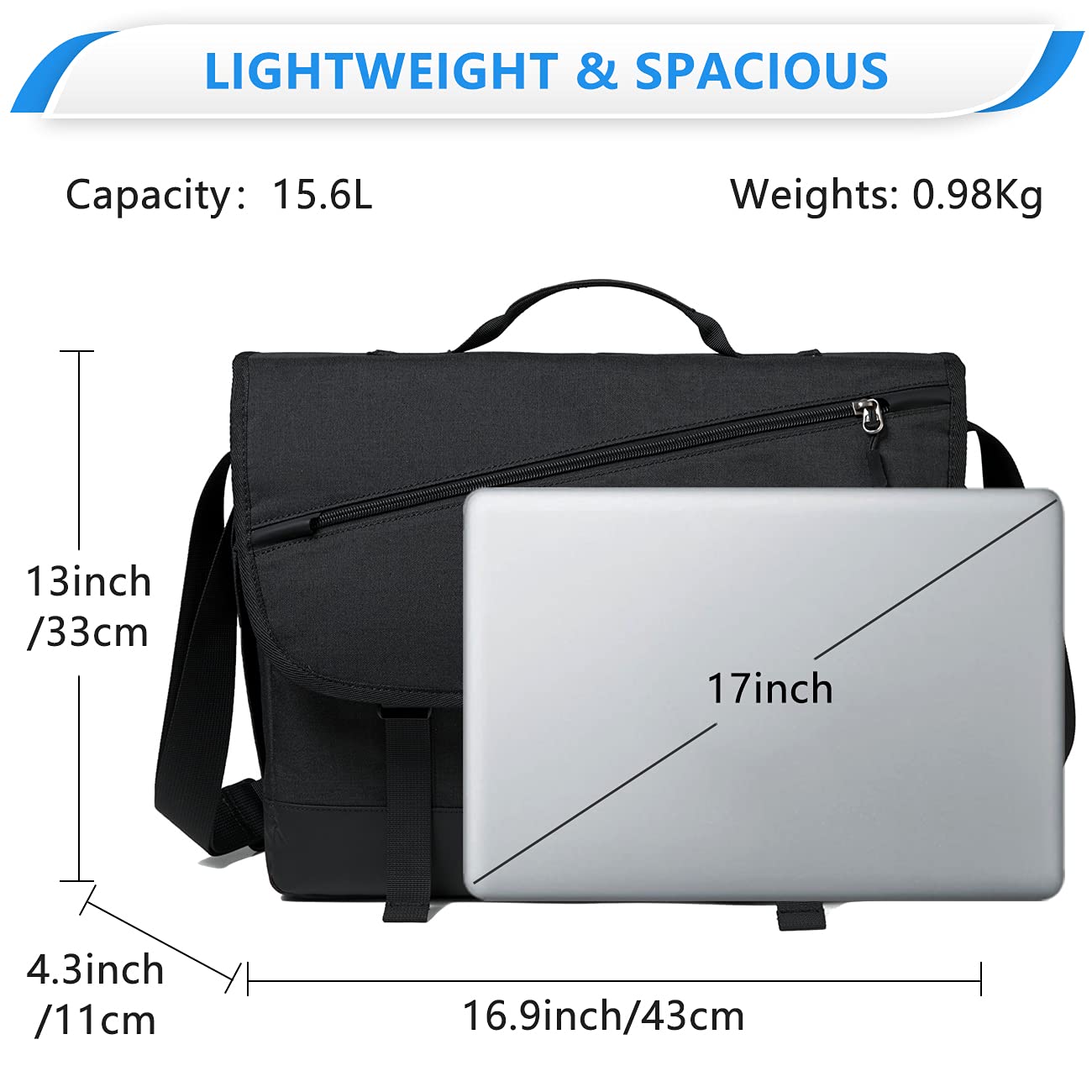 17inch Laptop Messenger Bag for Men,VASCHY Fashion Water Resistant Satchel Crossbody Shoulder Side Bag Briefcase for Men and Women for Work,School,Business Black