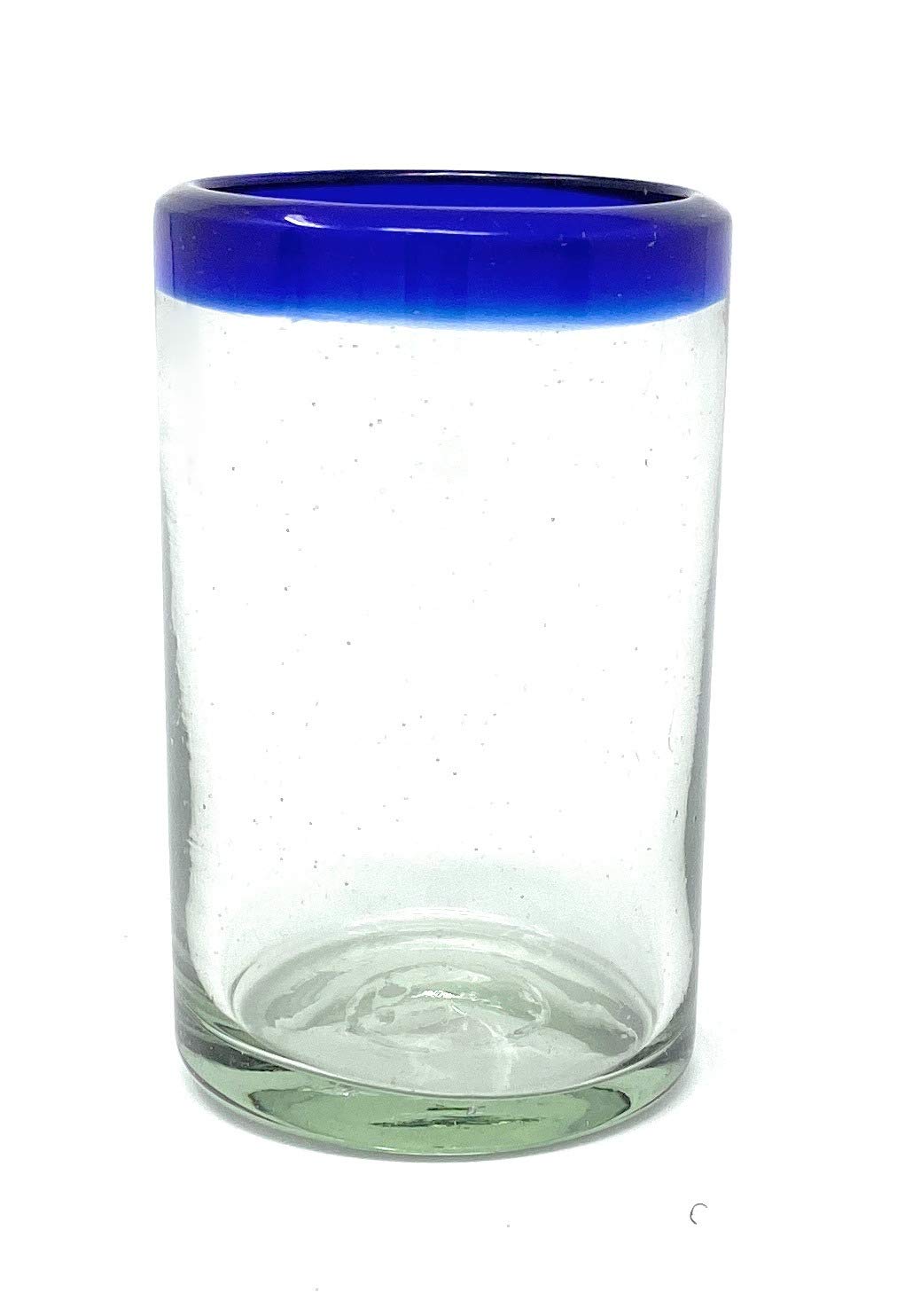 Dos Sueños - Hand Blown Mexican Tumblers - Set of 6 Glass Juice Glasses with Cobalt Blue Rims, 8oz (237ml)