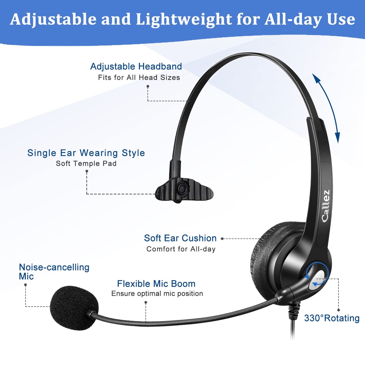 Callez Wired Telephone Headset Mono, Call Center RJ9 Phone Headset with Noise Canceling Mic Compatible with ShoreTel 480 Plantronics T10 Polycom Zultys Toshiba NEC DT300 Landline Deskphones