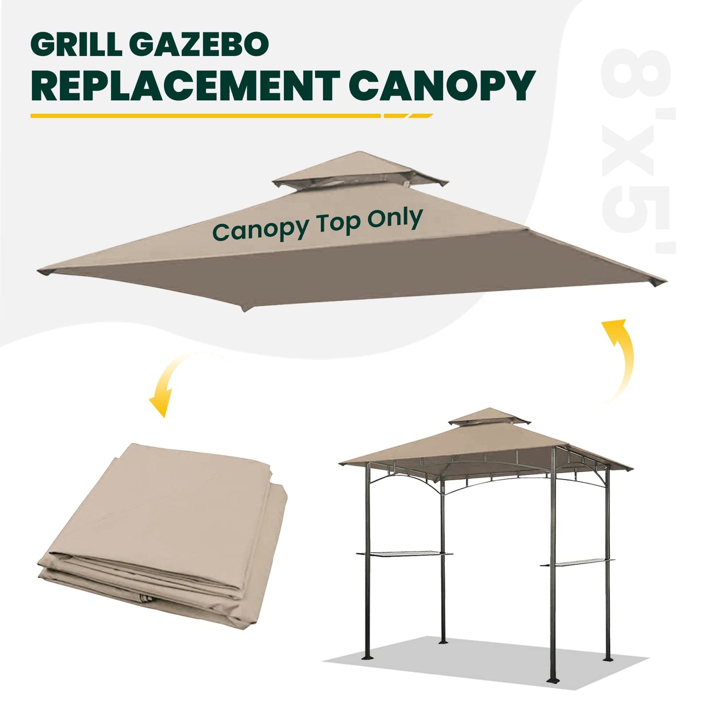 OLILAWN Grill Gazebo Replacement Canopy Roof, 5' x 8' Outdoor BBQ Gazebo Canopy Top Cover, Double Tired Grill Shelter Cover with Durable Polyester Fabric, Only Fit for Model L-GG001PST-F, Khaki