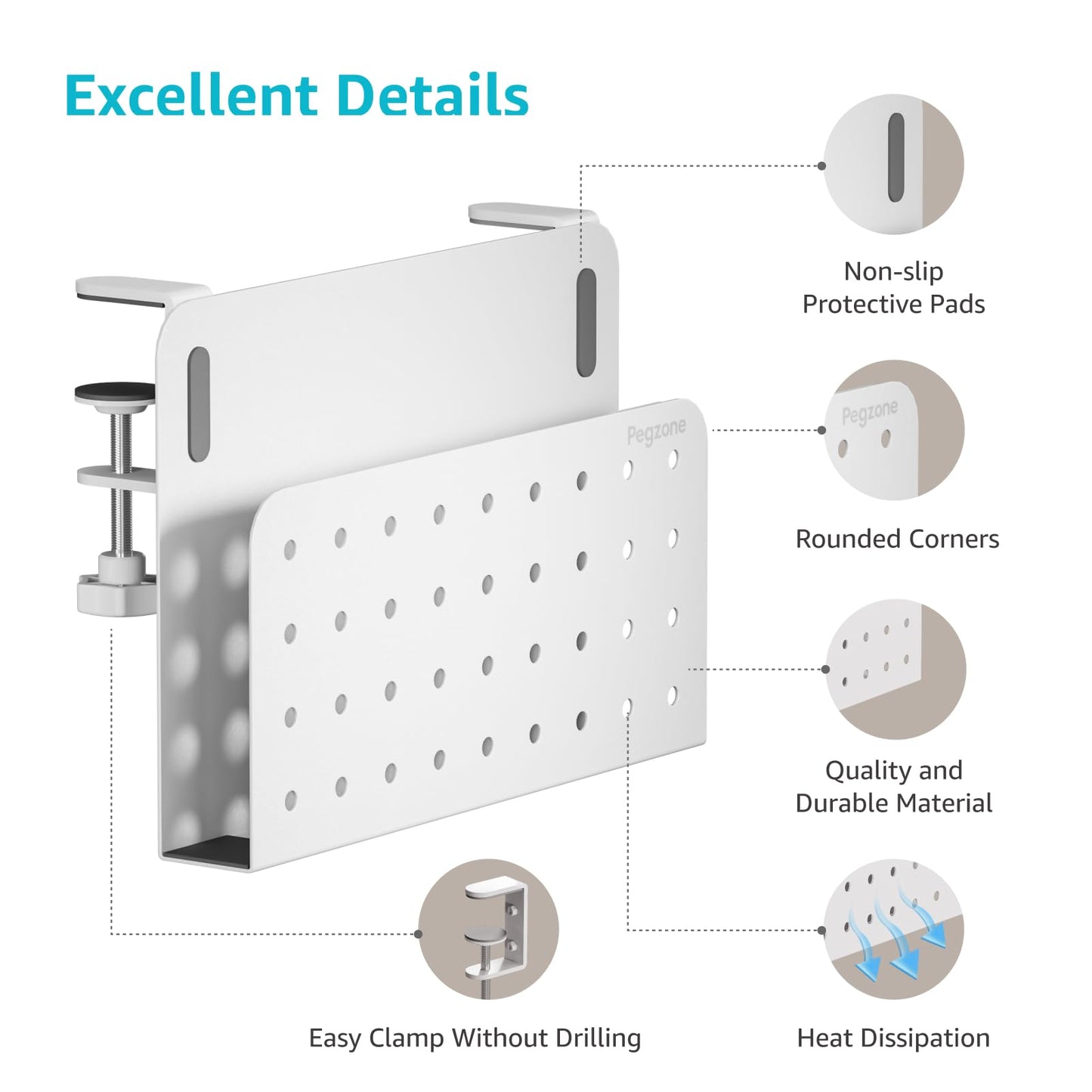 PEGZONE Desk Side Storage Organizer, No Drill Under Desk Laptop Holder, Clamp on Desks Shelf with Pegboard Accessories, Hanging Laptop Mount, Fits Flat Edge 0.4" to 2.2", White