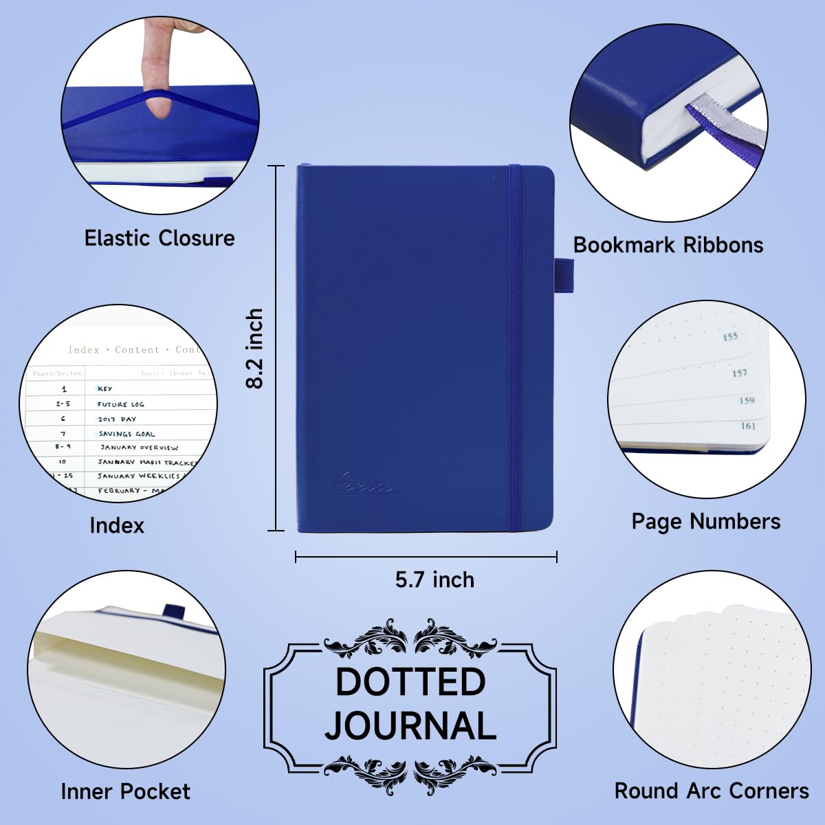 Dotted Journal Set, 224 Numbered Pages Faux Leather A5 Grid Hard Cover Navy Notebook Planner with Index Inner Pocket, Abundant Accessories for Beginners Planner Schedule by Feela