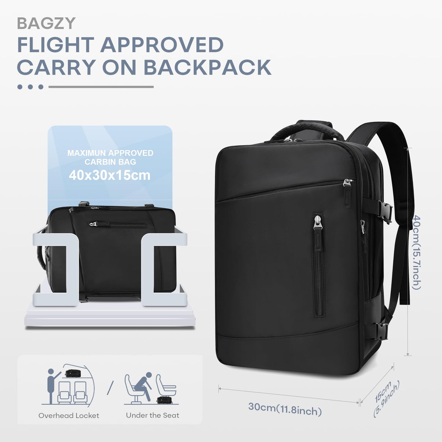 BAGZY 6x13x17 inch Personal Item Bag Carry On Luggage for Airplanes Waterproof Underseat Travel Laptop Backpack with Shoe Compartment Flight Approved for Work,Travel,Weekend Black
