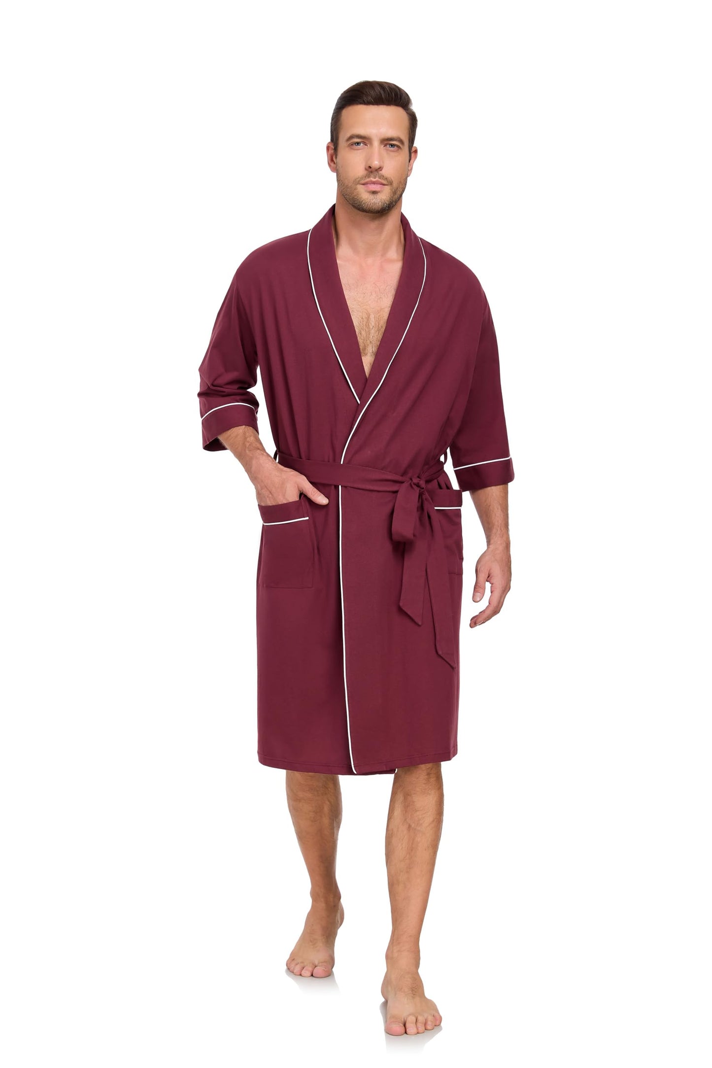 COLORFULLEAF Men's Bathrobes 100% Cotton Soft Comfort Breathable Short Sleeve Summer Kimono Mens Lightweight Robe, Burgundy, Large