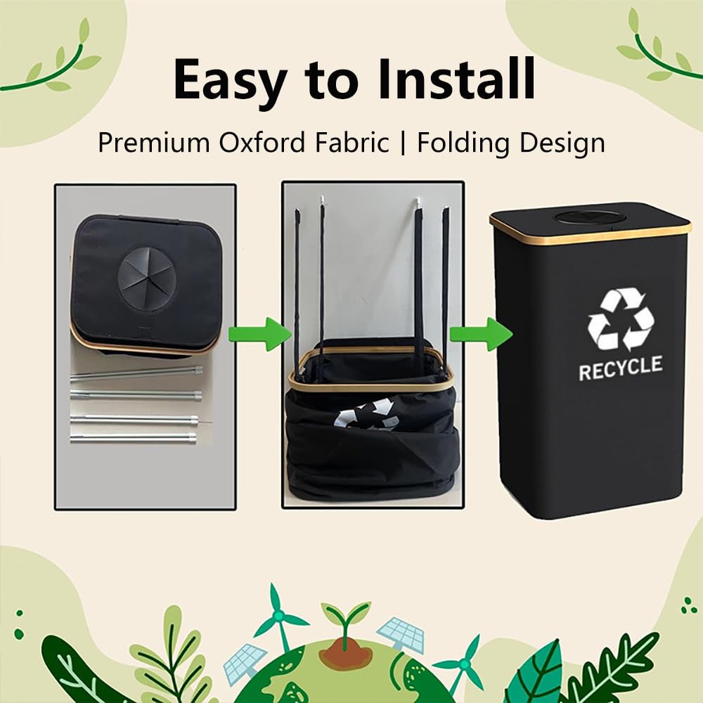 Recycling Bin Organizer for Home - 26 Gallon Recycle Bin for Kitchen with 2 Reusable Inner Bags - Indoor Recycling Bins with Lid for Bottles Cans Glass Plastic Cartons, Waterproof & Reusable (Black)