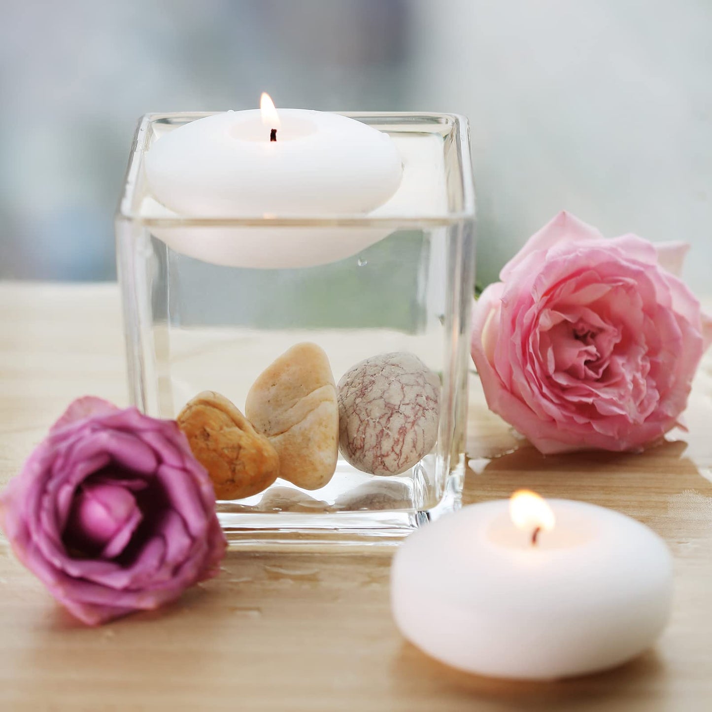 Flamecan 36 Pack Floating Candles, 3” White Unscented Dripless Wax Burning Candles, for Cylinder Vases, Weddings, Party and Holiday