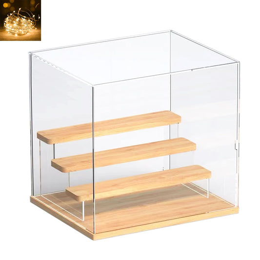Clear Acrylic Display Case for Funko Pop Figures with Light, 3 Layer Stand Storage Cabinet Shelf Risers Protection Showcase Large Dustproof for Toys Collectibles Rock Stone Crystals, Wooden 32x26x29cm