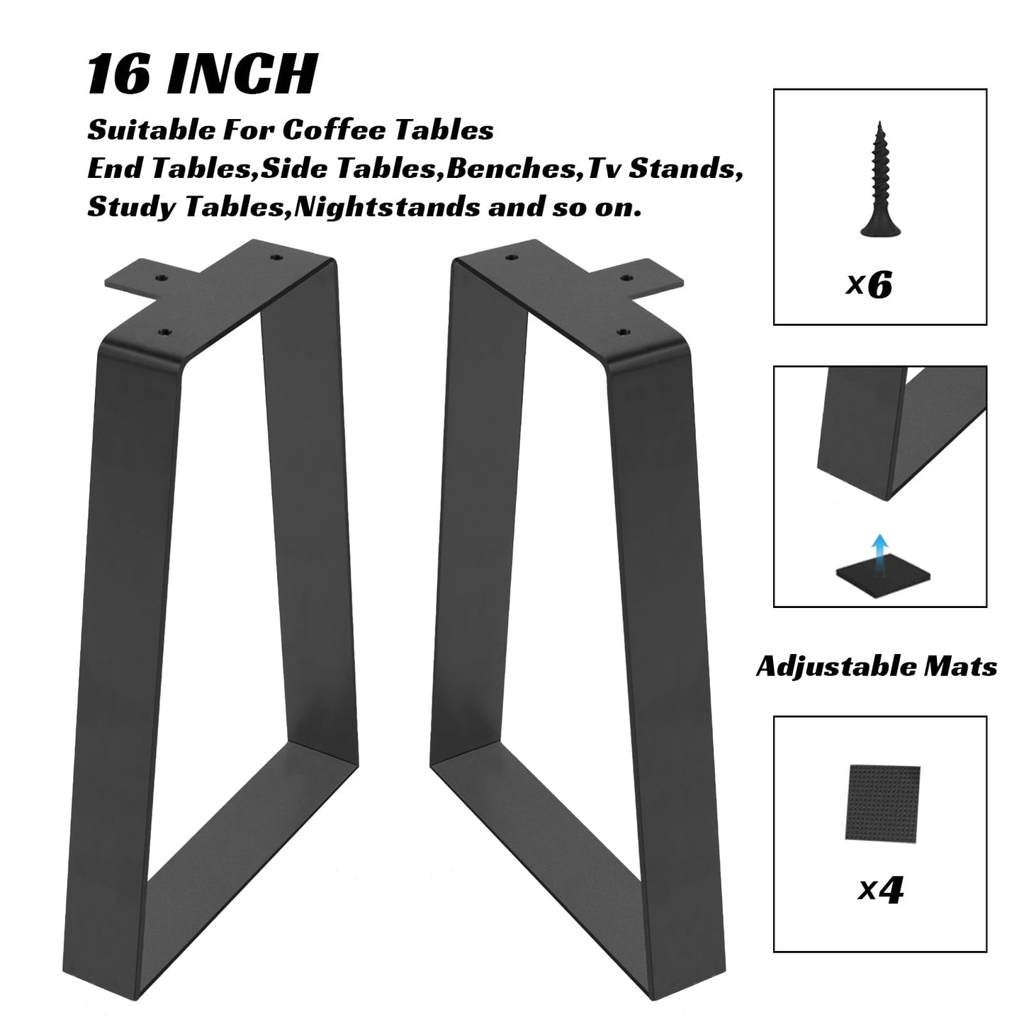 Rioychan 16 '' Trapezoid Metal Table Legs Bench Legs, Heavy Duty Furniture Legs for DIY Desk Legs, Black Metal End Table, Coffee Table, Side Tables, Sofa, Set of 2 (H16 x W11)