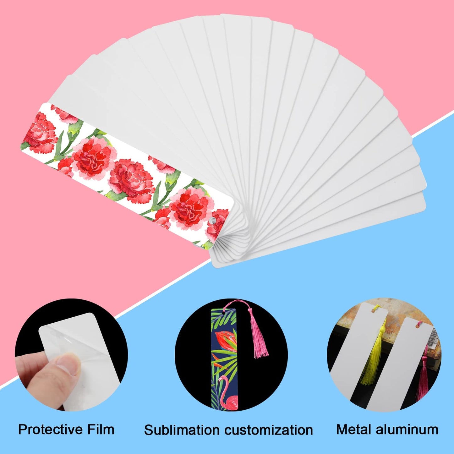 50 Pcs Sublimation Bookmark Blank Heat Transfer Aluminum Metal Bookmarks Bulk DIY Bookmarks with Hole and Colorful Tassels for Crafts,Personalized Tassels Blank Bookmark
