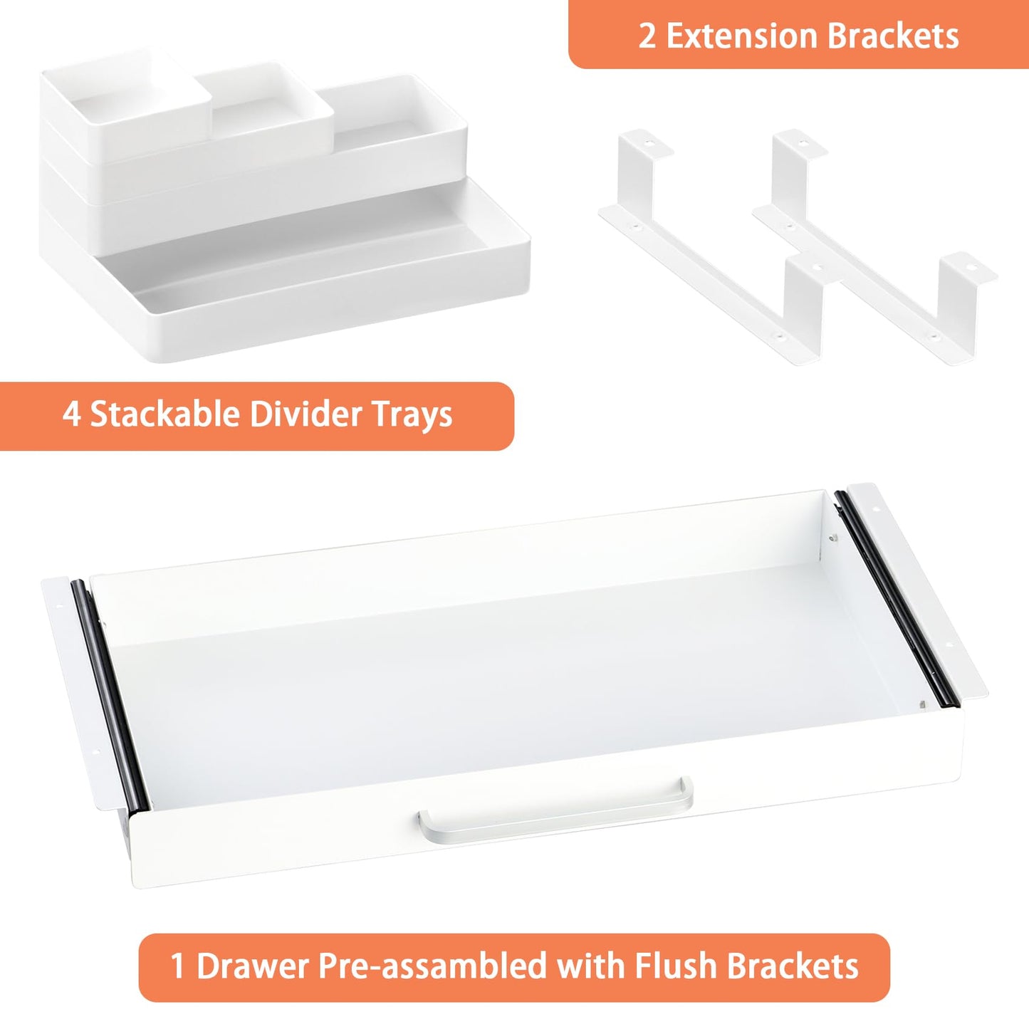 OSteed Under Desk Drawer White 54cm with 4 Divider Trays, Metal Pull Out Storage Drawer for Workbench, Standing Desk Drawer Attachment, Attachable Desk Organizer, Under Shelf Pencil Drawer Slide-out