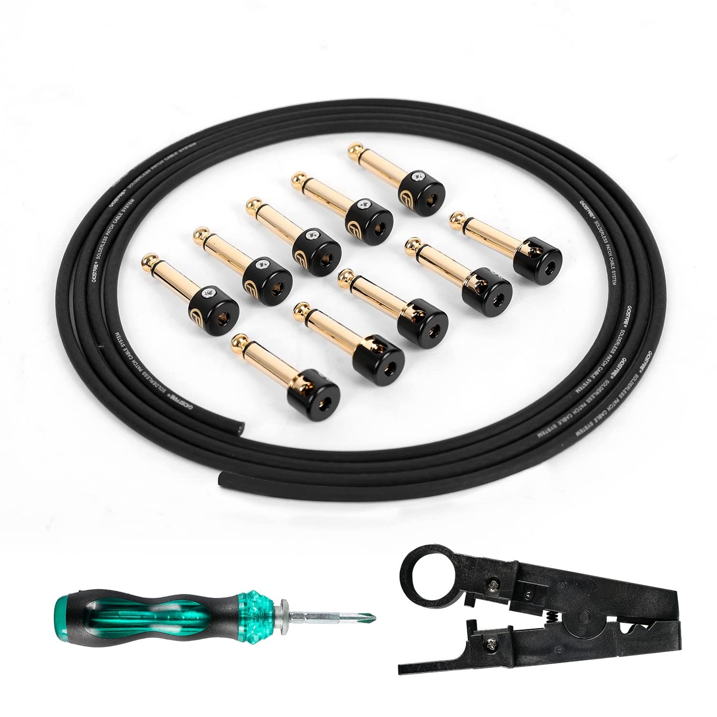 GHOSTFIRE Solderless Pedalboard Cable Kit, 6.5ft Cable & 10 Nickel Plated Copper Tip Connectors for Guitar Effects & Pedal Board, DIY Custom Patch Cables with Cutter, Bolt Driver (SP-02)