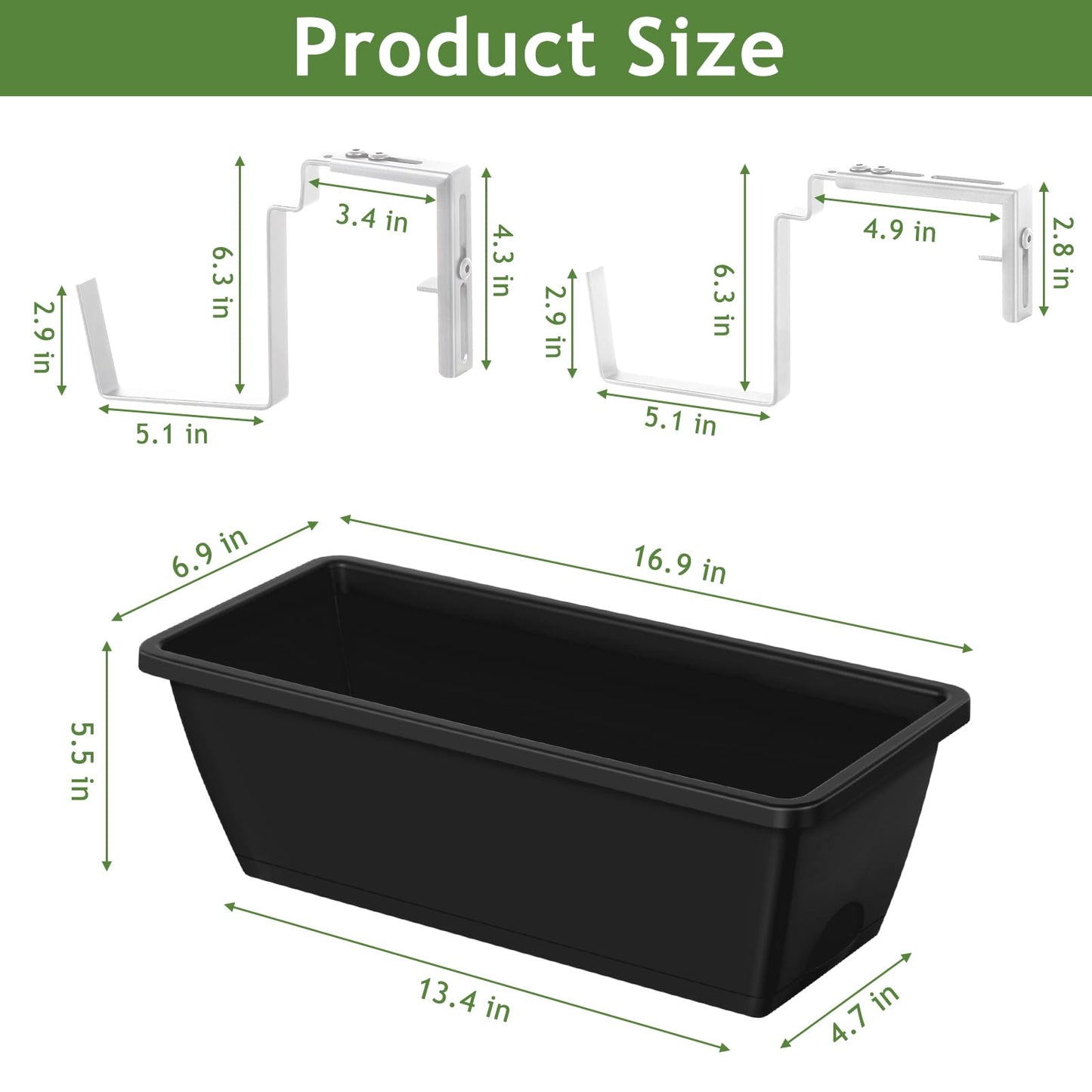Railing Planter 6 Pack, 16.9 Inch Window Basket Deck Boxes Plastic Flower Rail Planters Holder with Adjustable Detachable Hooks for Outdoor Balcony Porch Patio, Black & White