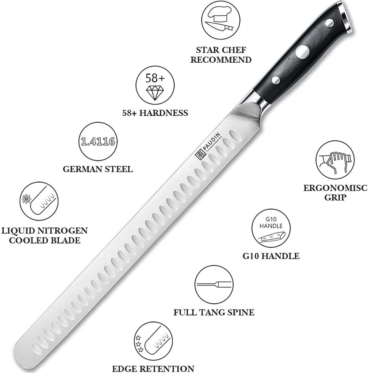 PAUDIN Carving Knife 12 Inch, Premium Brisket Knife, Full Tang Design with Granton Blade and Ergonomic G10 Handle, for Cutting Ham Roast Ribs Turkey, Ideal Gifts for Father's Day (Dishwasher Safe)