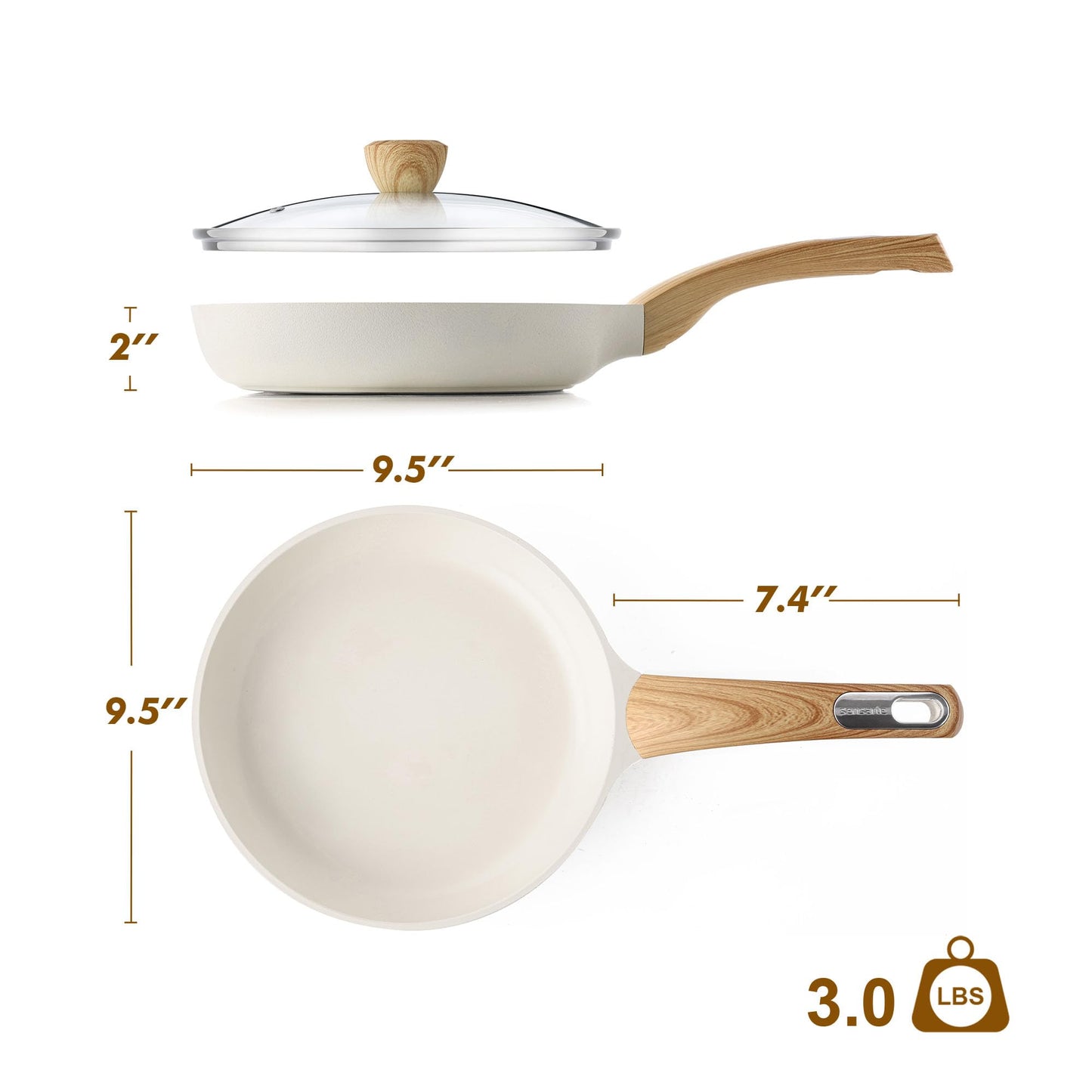 SENSARTE Ceramic Nonstick Frying Pan Skillet with Lid, 9.5/11/12.5 Inch Non Stick Pan Wok, Healthy Kitchen Cooking Sauté Pans, Free of Intentionally Added PFOA/PFAS/PTFE, Induction Compatible, White