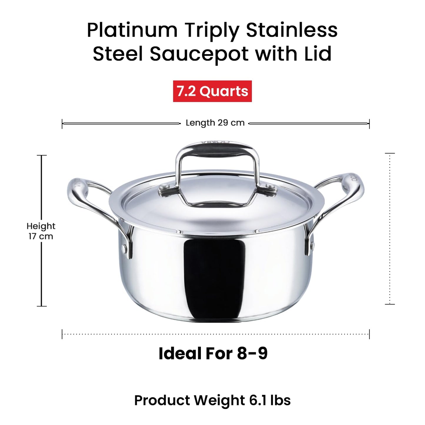Vinod Platinum Triply Stainless Steel Stewpot with Lid, 7.2 Qt, 26 cm | Riveted Handles | Induction & Gas Stove Compatible | Deep Stockpot for stews, Curries, Soups & One-Pot Meals