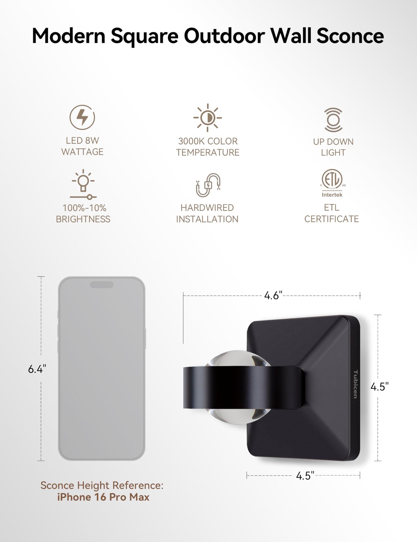 Tubicen Outdoor Wall Sconce Lights Up Down IP65 Waterproof Exterior Light Fixtures Square Hardwired 8W Bright LED Modern Outdoor Dimmable Wall Lights for Porch Patio Front Door Black