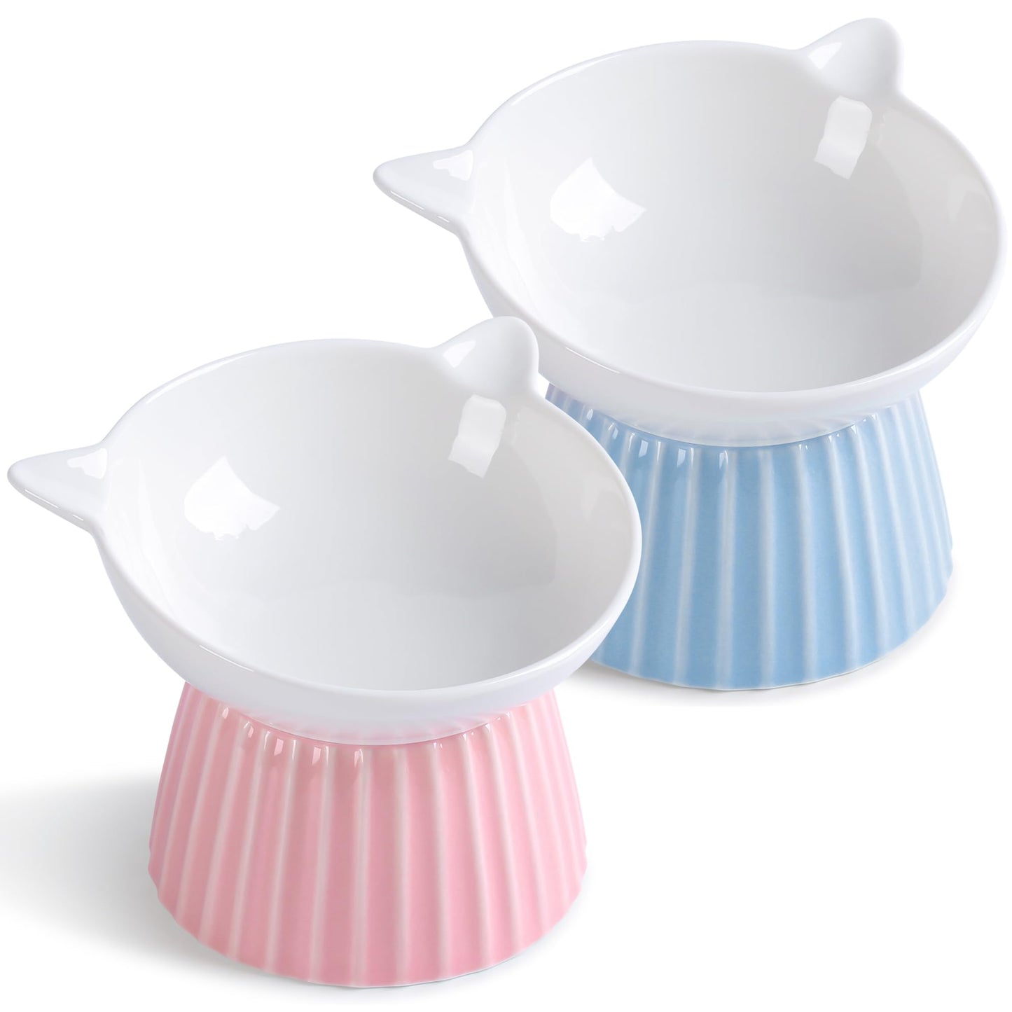 Wellbro Ceramic Raised Cat Bowl，Tilted Raised Bowl Anti Vomit Bowls for Indoor Cats Whisker Friendly Pet Feeder for Cats Puppies, Microwave and Dishwasher Safe