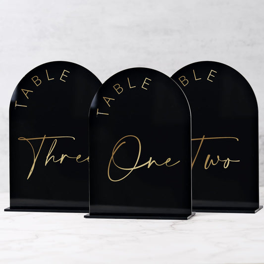 Black Arch Wedding Table Numbers 1-20 with Stands, 5x7 Inch Black Arch Acrylic Sign with Gold Letters, Acrylic Table Numbers Black and Gold for Wedding Reception Table Centerpiece Decoration (Black