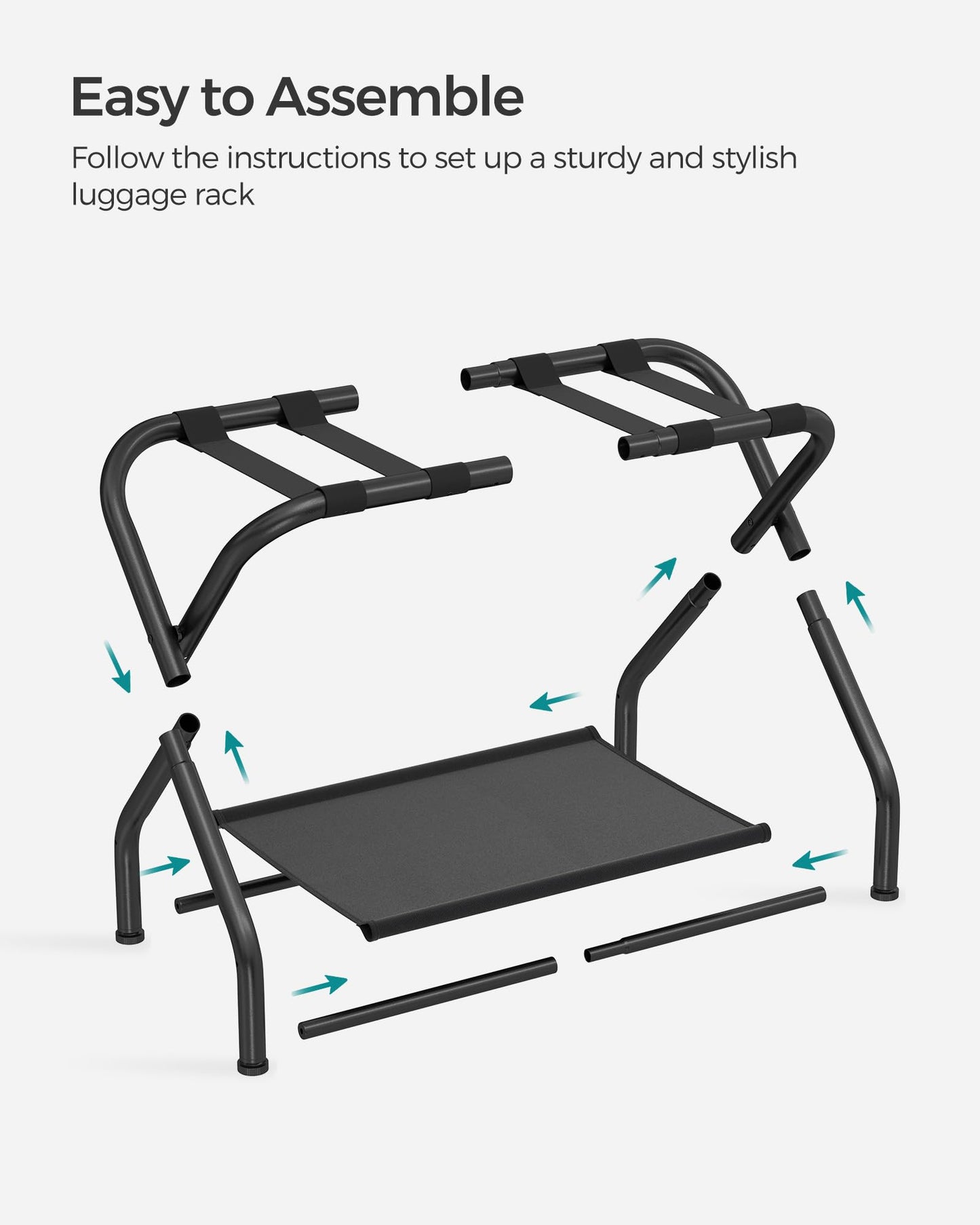 SONGMICS Luggage Racks, Set of 2, Suitcase Stand with Fabric Storage Shelf, for Guest Room, Bedroom, Hotel, Foldable, Holds up to 50 kg, 69 x 38 x 52 cm, Black URLR002B02