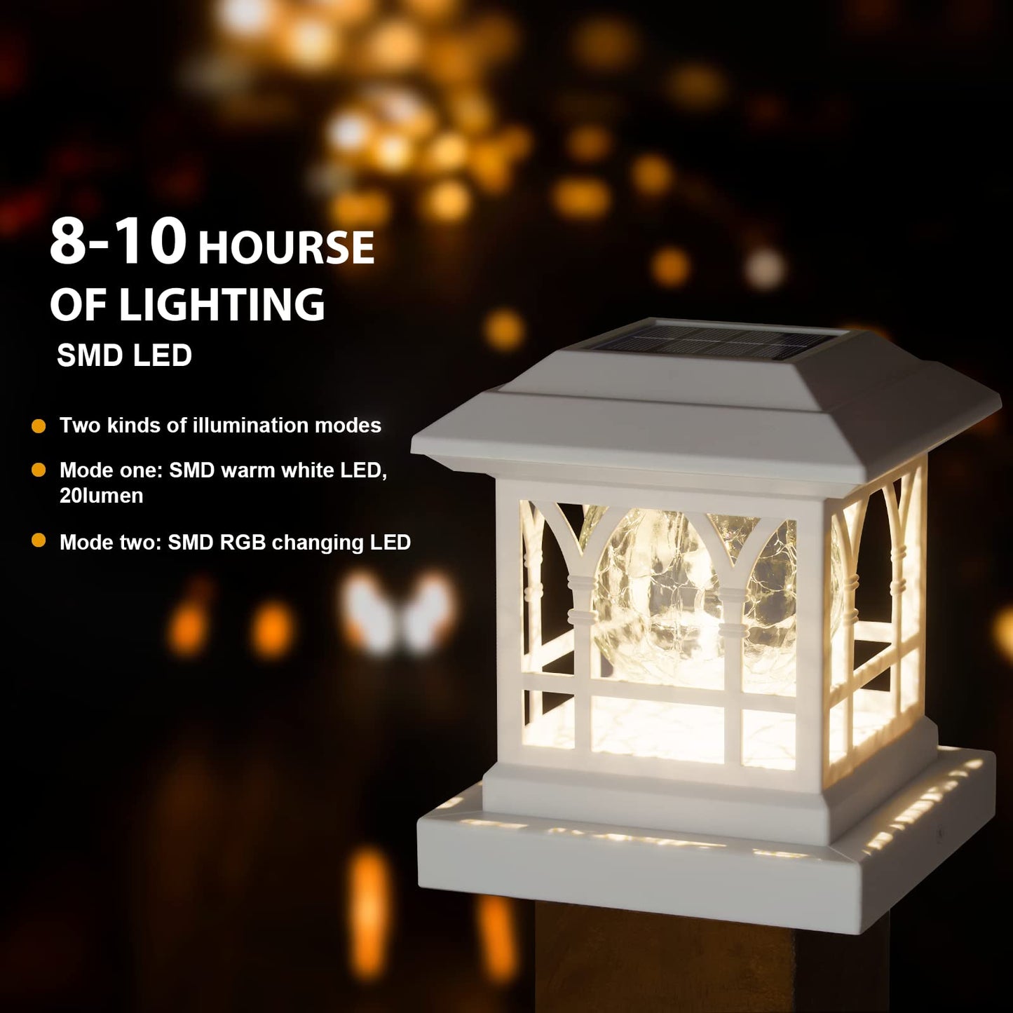 AEFRELEOHT Solar Post Cap Lights, Warm White & RGB Automatic Cycling, Cracked Glass Bulb, 20 Lumens lP65 Waterproof Fit 3.6x3.6 4x4 4.5x4.5 5x5 Wood Fence Post Solar Powered Lights White (2 Pack)