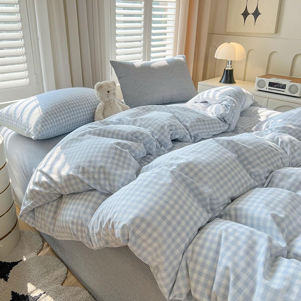 Nayoroom Blue Gingham Duvet Cover Queen Size Plaid Checkered Farmhouse Comforter Cover 3 Pcs Soft Breathable Washed Microfiber Grid Bedding Set with Pillow Shams